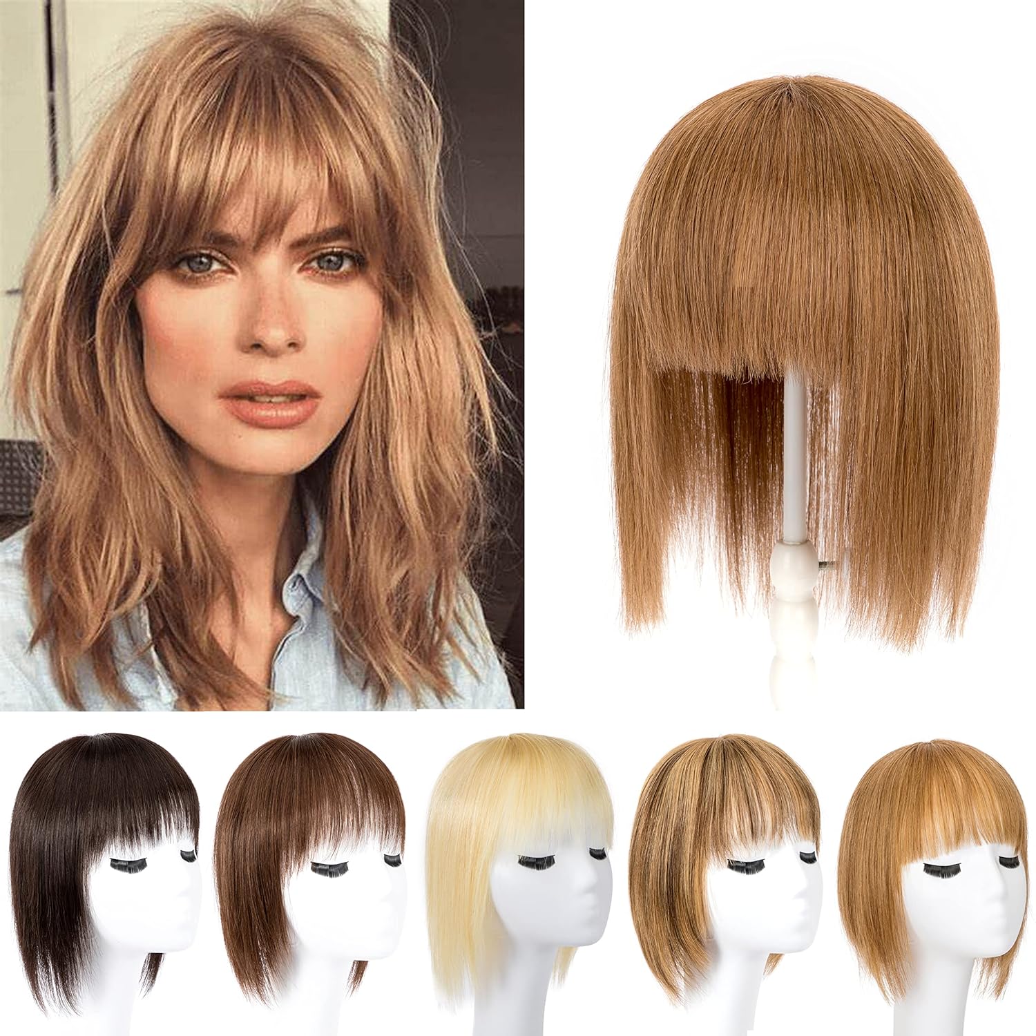 100 % cabello humano Remy con flequillo para mujer, base de red de 3.1 x 9.1 in, clip en la parte superior para adelgazar el cabellopérdida de