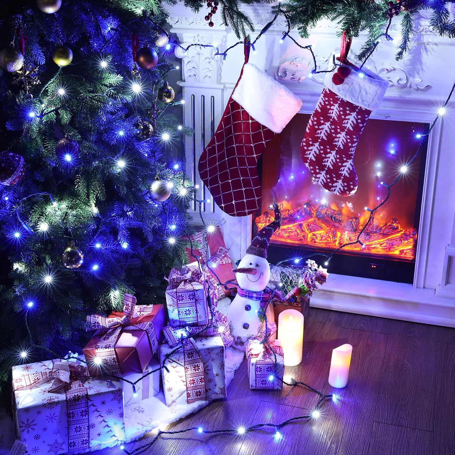 Brizled Luces de Navidad azules y blancas, 33 pies, 100 luces LED de 0.197 in de gran angular, mini tira de luces conectables, luz de árbol de