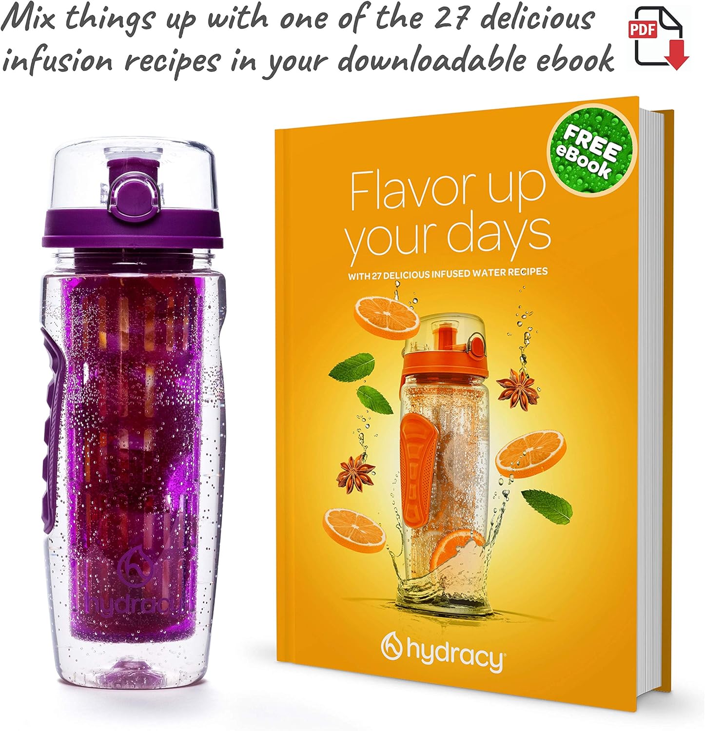 Hydracy Botella deportiva de agua infusora de frutas, de 32 onzas líquidas, barra de infusión de longitud completa, marca de tiempo y funda aislante