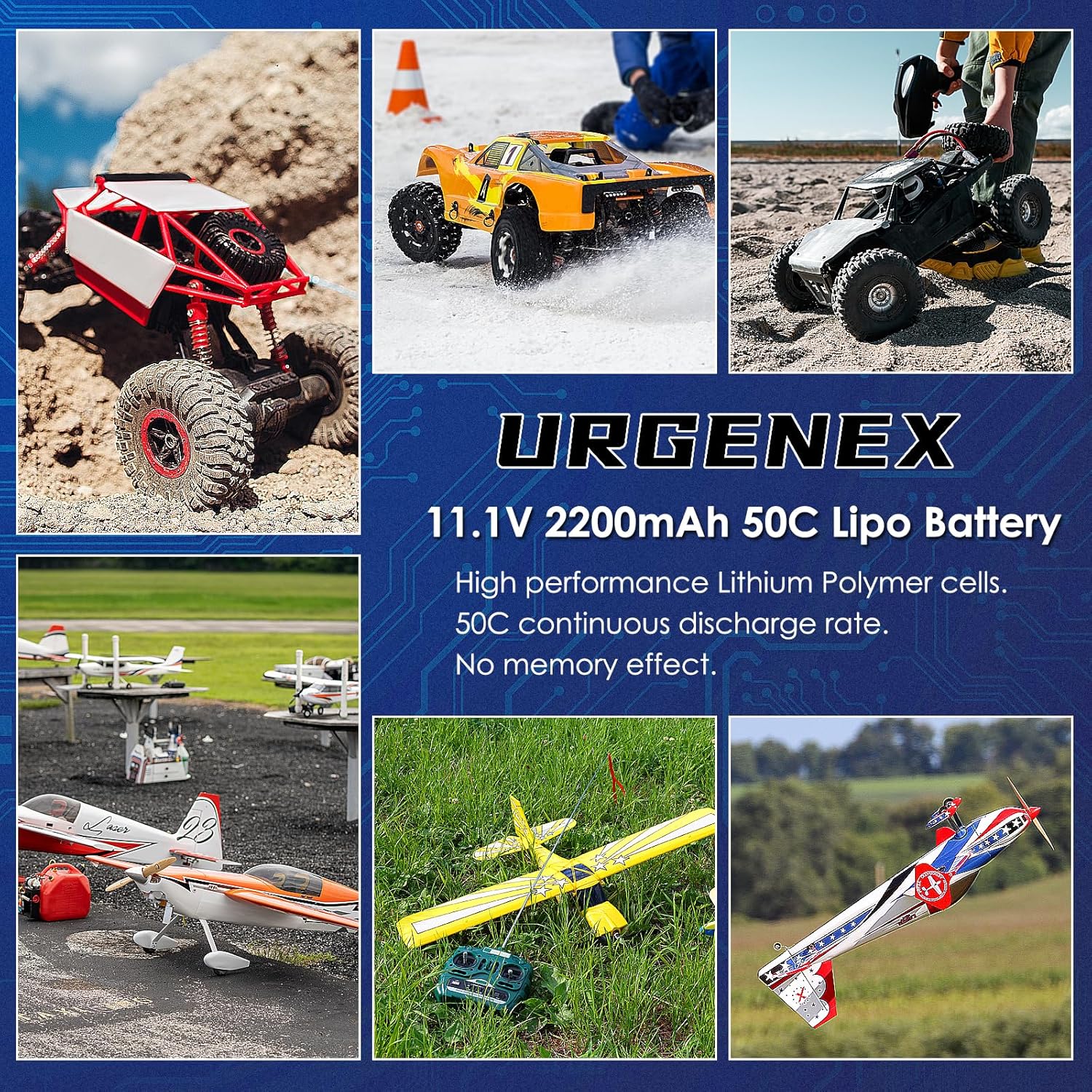 URGENEX 3S Lipo Batería 2200mAh 11.1V 50C (estallido 80C) Batería RC de alta tasa de descarga con enchufe XT60 para RC Car Truggy RC Avión FPV Drone