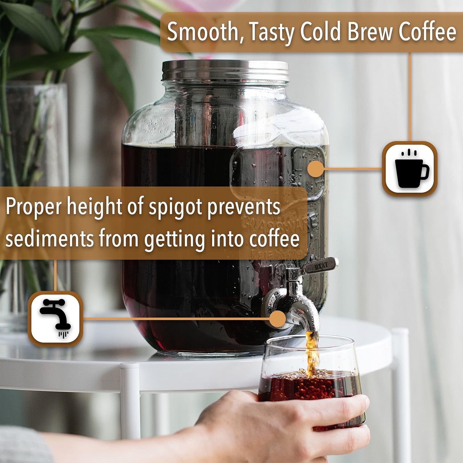 BTAT – Cafetera de café frío, dispensador de bebidas de tarros Mason de 1 galón, cafetera fría de un galón, cafetera de té helado, jarra de café