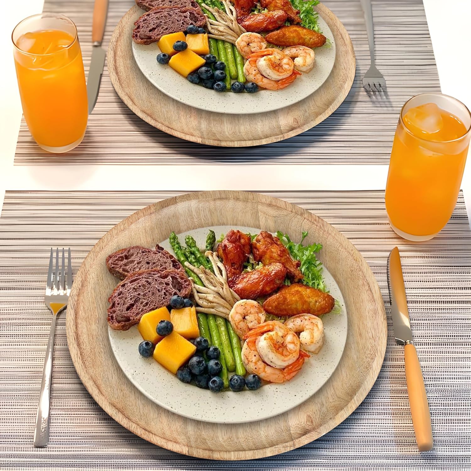 Lightnpro – Platos redondos de madera  Platos de carga de madera natural hechos a mano de 13 pulgadas, platos ligeros de fácil limpieza para platos,