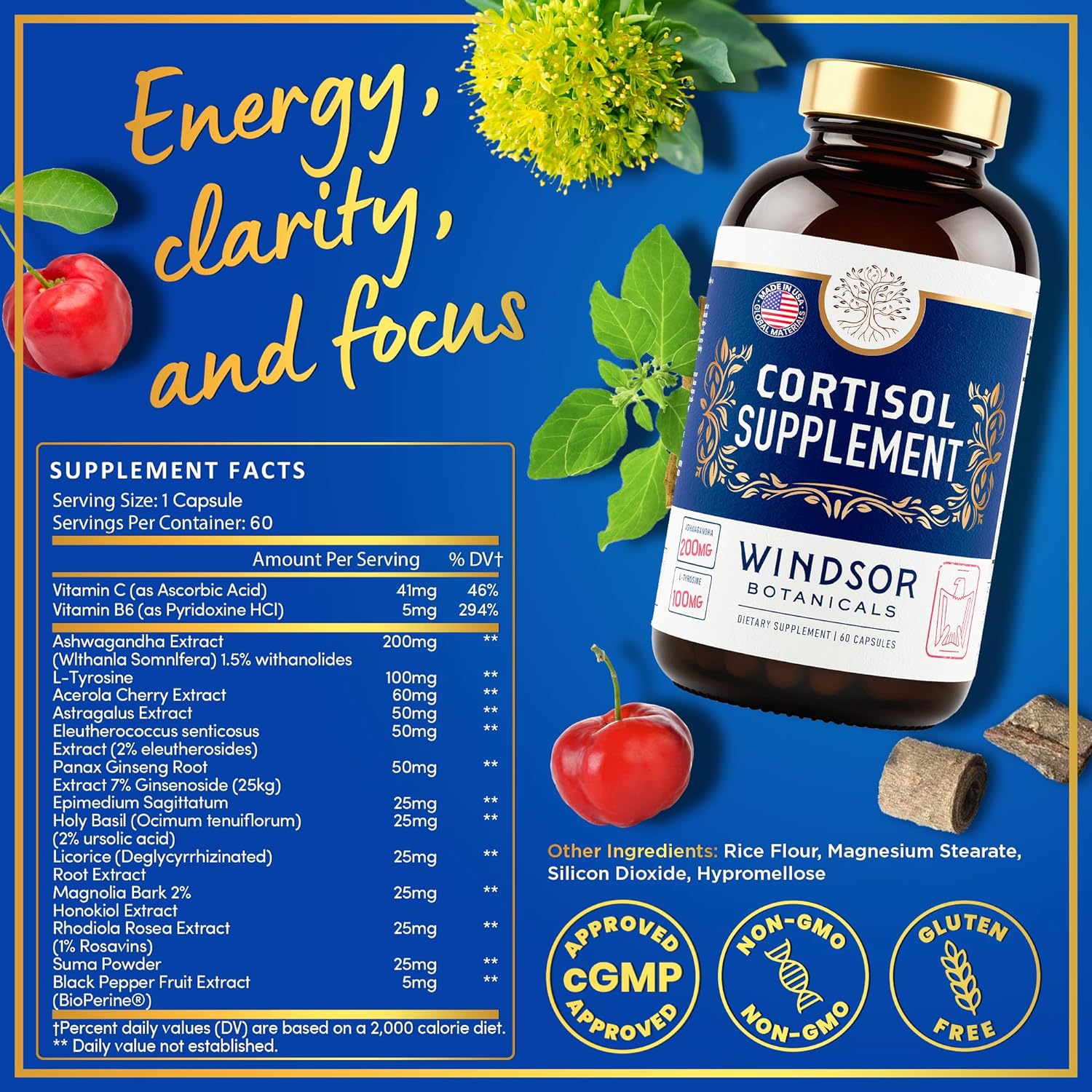 Suplemento de cortisol y reductor de cortisol, administrador de cortisol integrador con Ashwagandha calmante, L-tirosina, estado de ánimo, estrés,