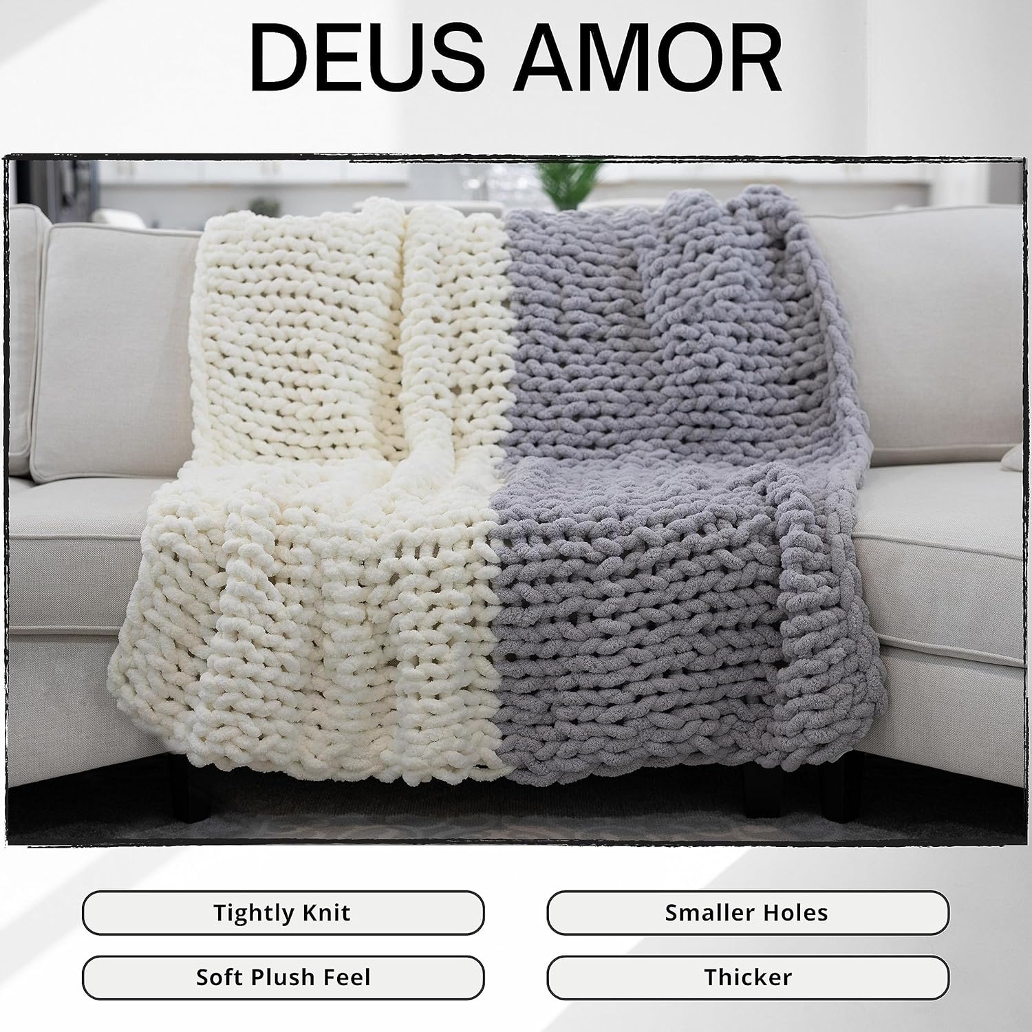 Deus Amor Manta de punto grueso  2 colores blanco crema y gris claro transpirable para sofá  50 x 60 pulgadas, 100% tejida a mano, manta bohemia