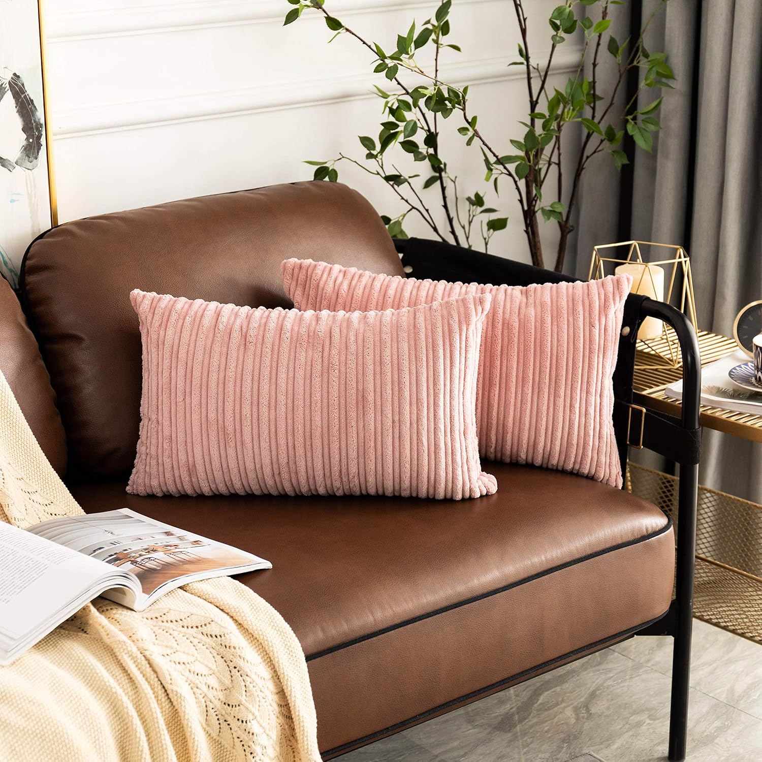 UGASA – Fundas para almohada de franela de terciopelo supersuaves, a rayas