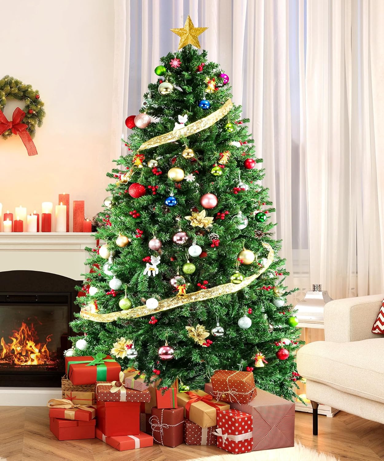 Árbol de Navidad artificial predecorado de 7.5 pies, árbol de Navidad navideño sin luz con 1346 puntas de rama, 84 bayas, base plegable y bolsa de