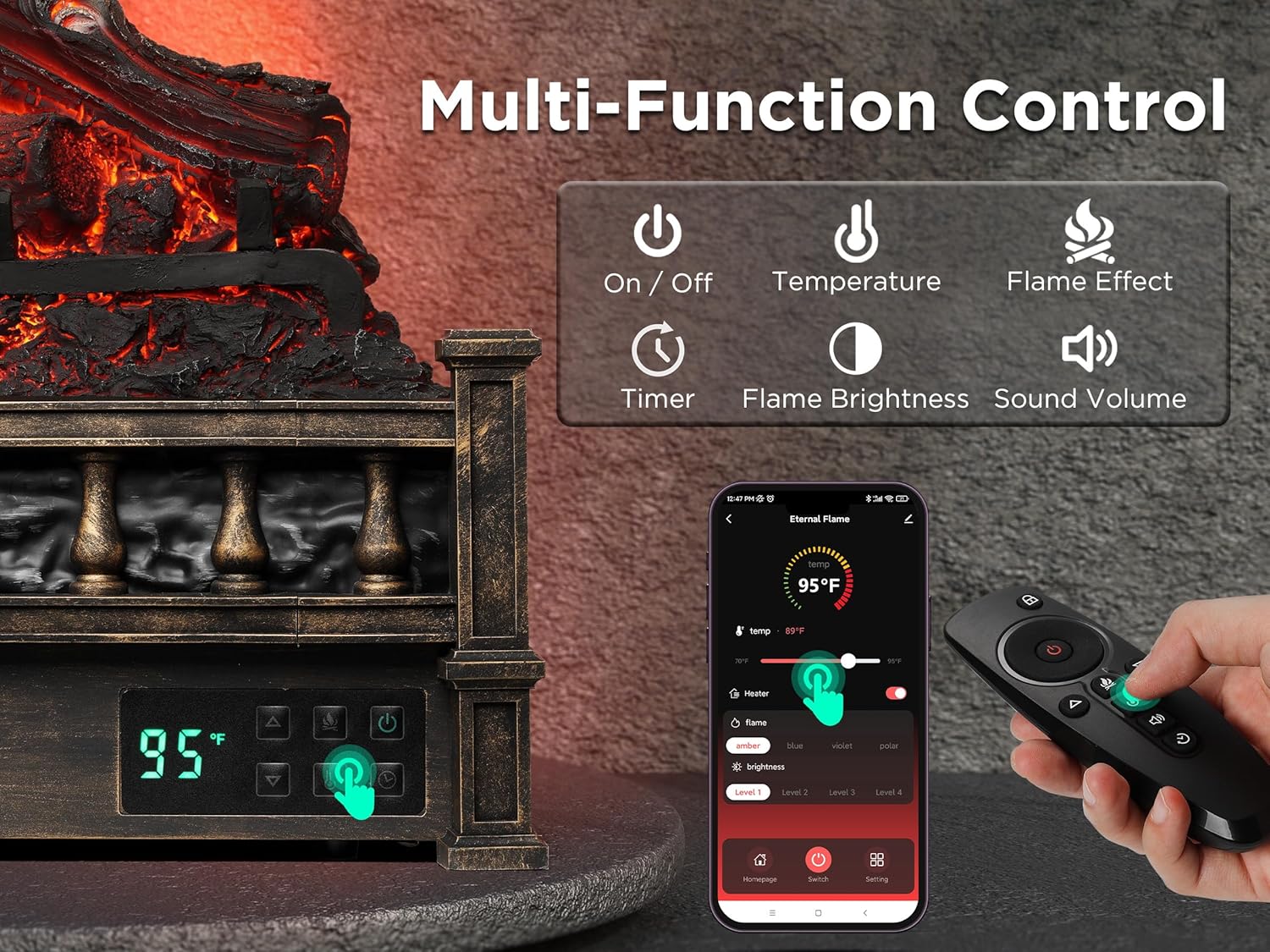TURBRO Eternal Flame – Calentador eléctrico de cuarzo infrarrojo WiFi de 26 pulgadas con sonido crujiente, troncos de madera de limón realistas,