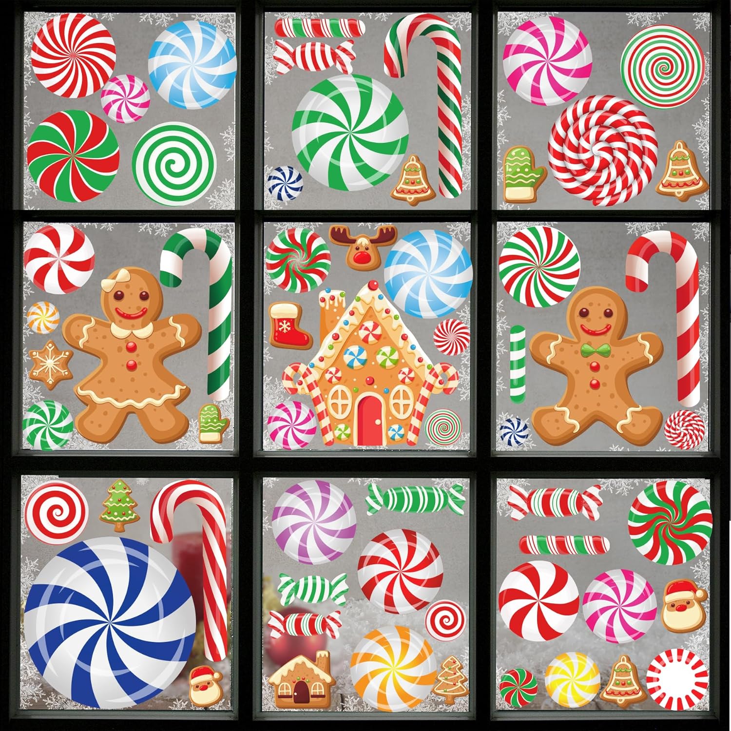 Adhesivos para ventana de bastón de caramelo, 3D, 88 unidades, calcomanías de ventana de menta de doble cara, decoración de ventana de Feliz Navidad