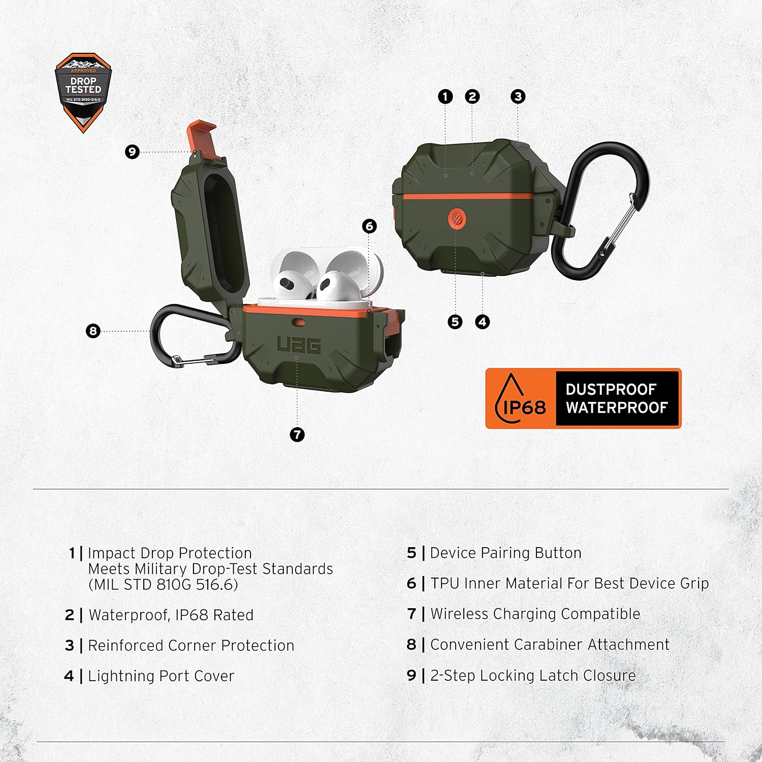 URBAN ARMOR GEAR UAG – Funda protectora duradera y suave al tacto diseñada para AirPod, color verde y naranja (3 generación, 2021) con mosquetón