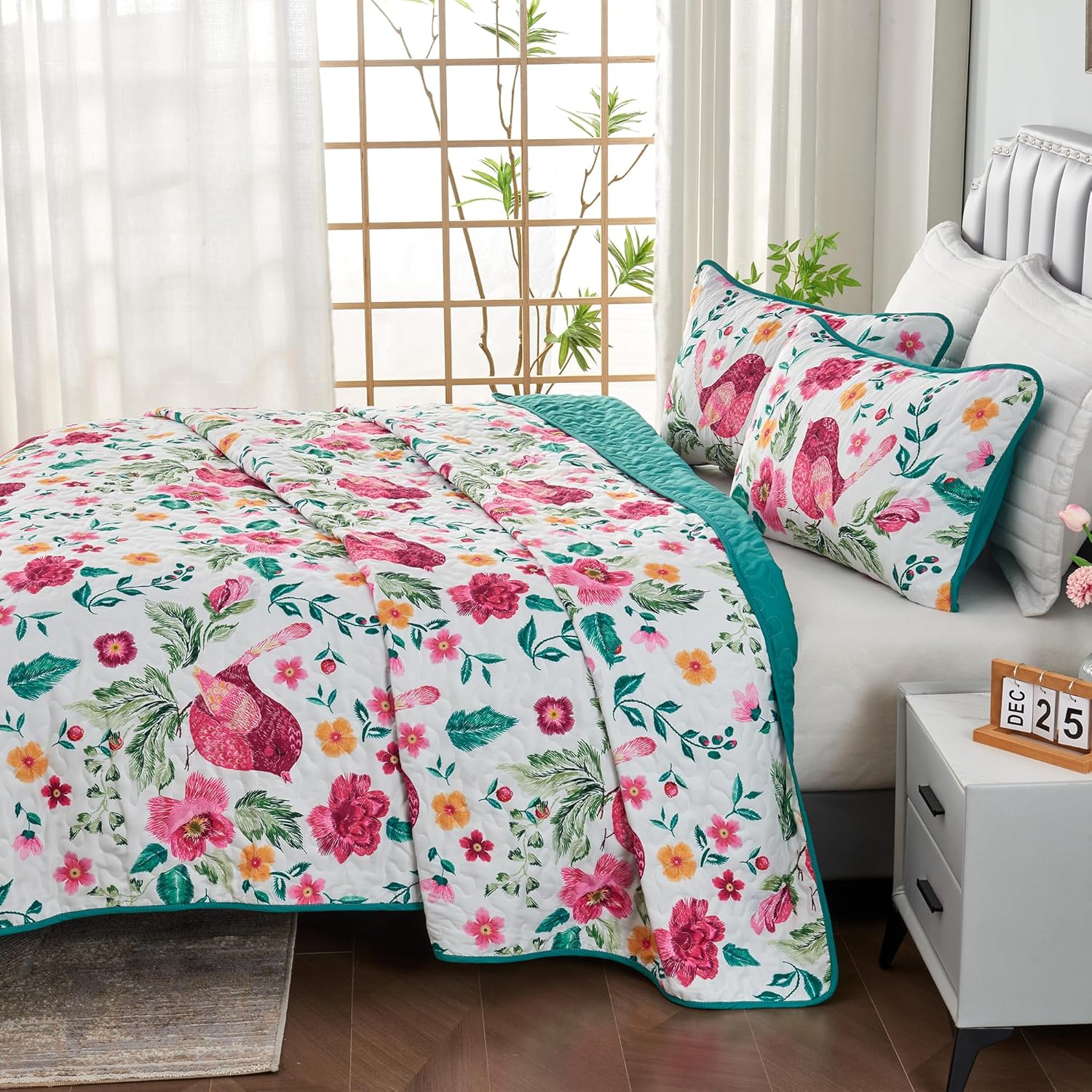 Mnribey Juego de edredón floral de 4 piezas tamaño King, 1 edredón con 2 fundas de almohada y 1 funda de almohada, colcha botánica de pájaros y