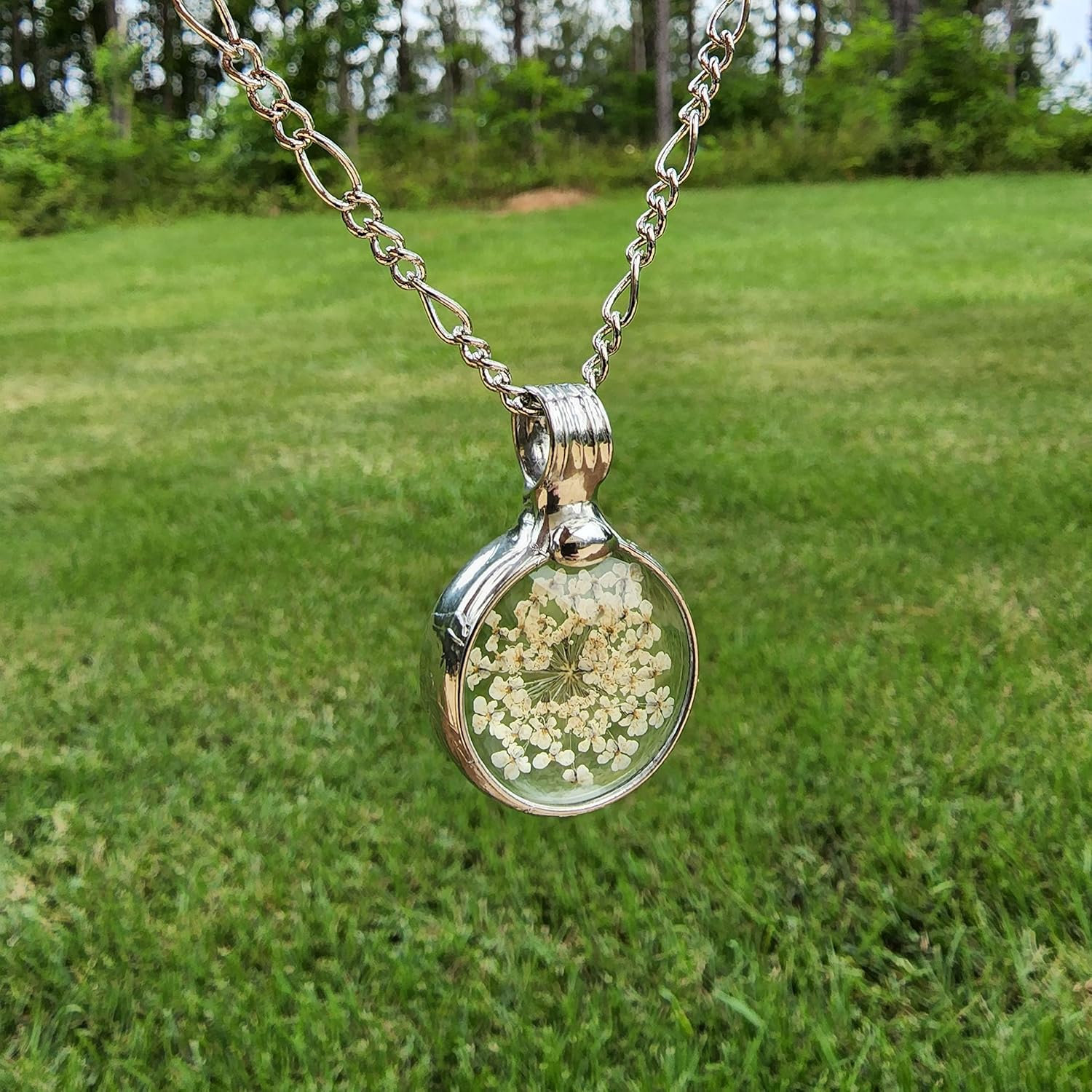 White Wildflower Necklace for Women Real Pressed Flower Queen Anne’s Lace Glass Pendant Birthday 13th Wedding Anniversary Gift Artisan Crafted by
