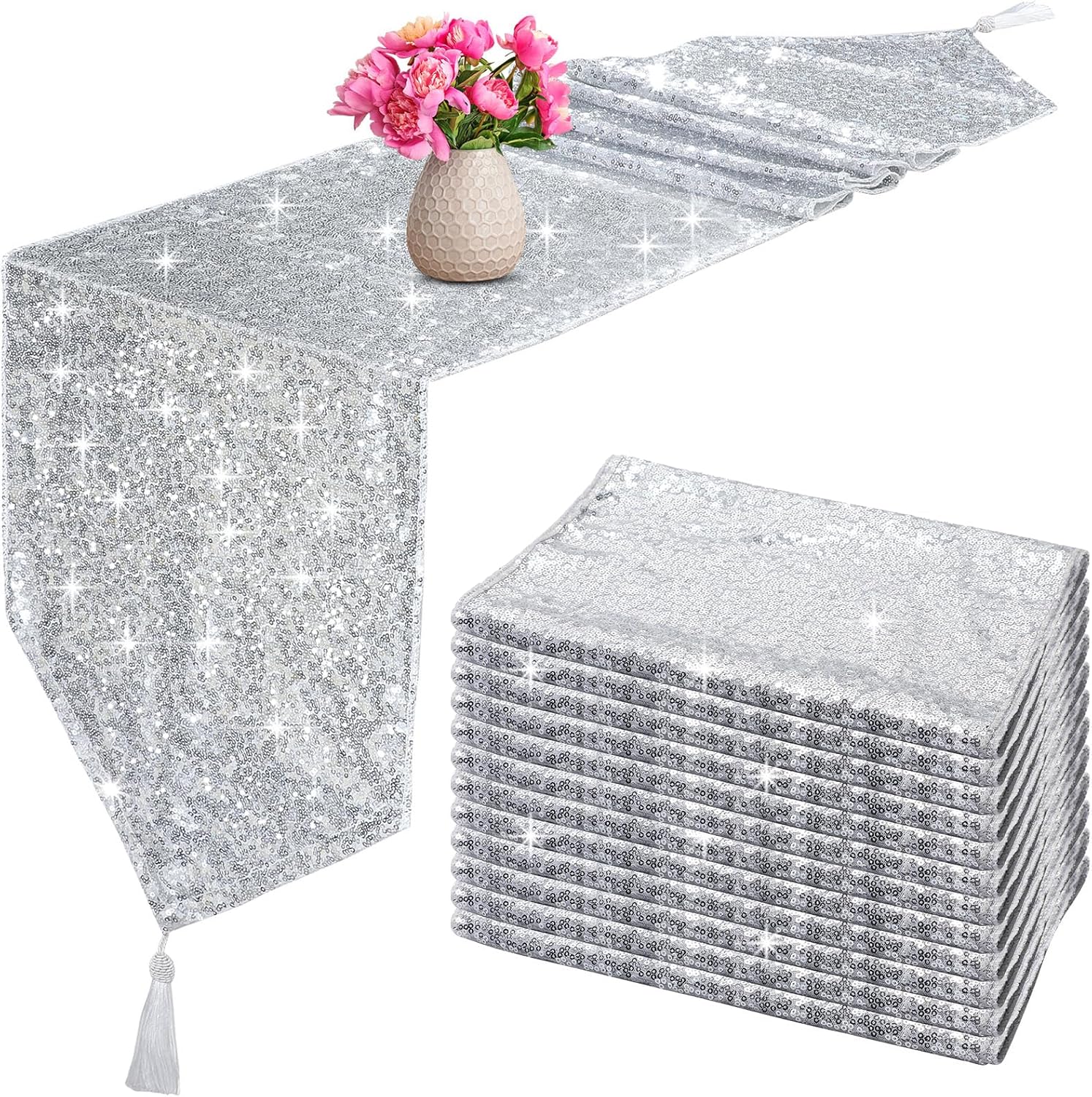 Tatuo Camino de mesa de lentejuelas con borlas para bodas, fiestas, mesa de 12 x 72 pulgadas, camino de mesa de lentejuelas con purpurina, elegante