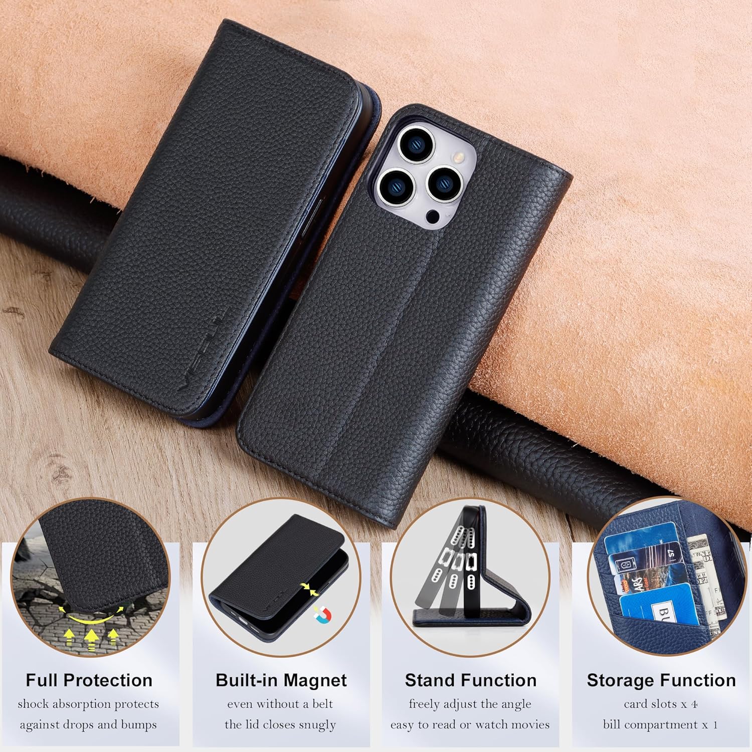 VISOUL Pebbled – Funda de piel auténtica para iPhone 15 Pro Max, funda tipo cartera con MagSafe y soporte para tarjetas, funda magnética con función