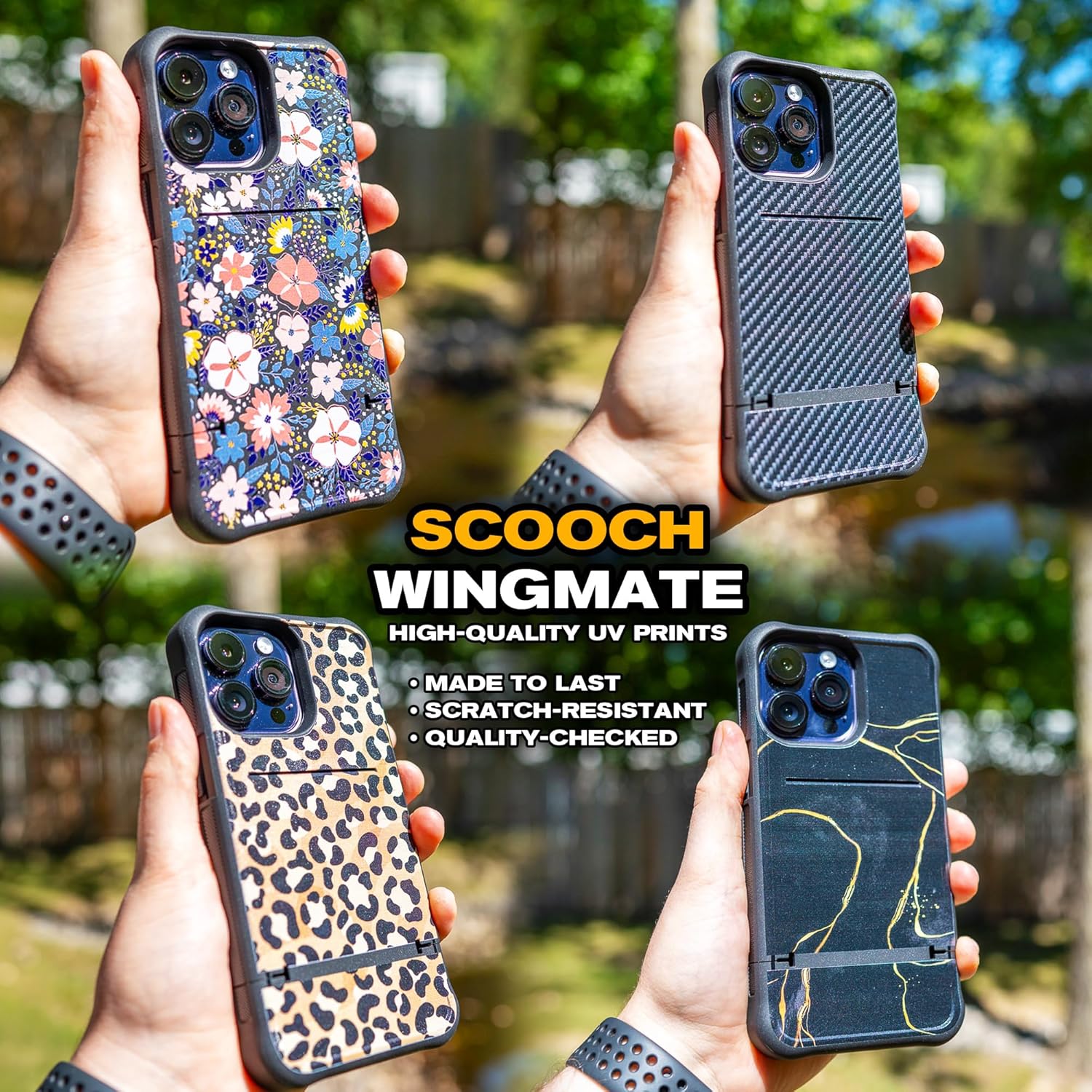 Scooch Wingmate – Funda para iPhone 15 con tarjetero y ranura oculta para tarjetas y protección RFID, capacidad para hasta 4 tarjetas, protección