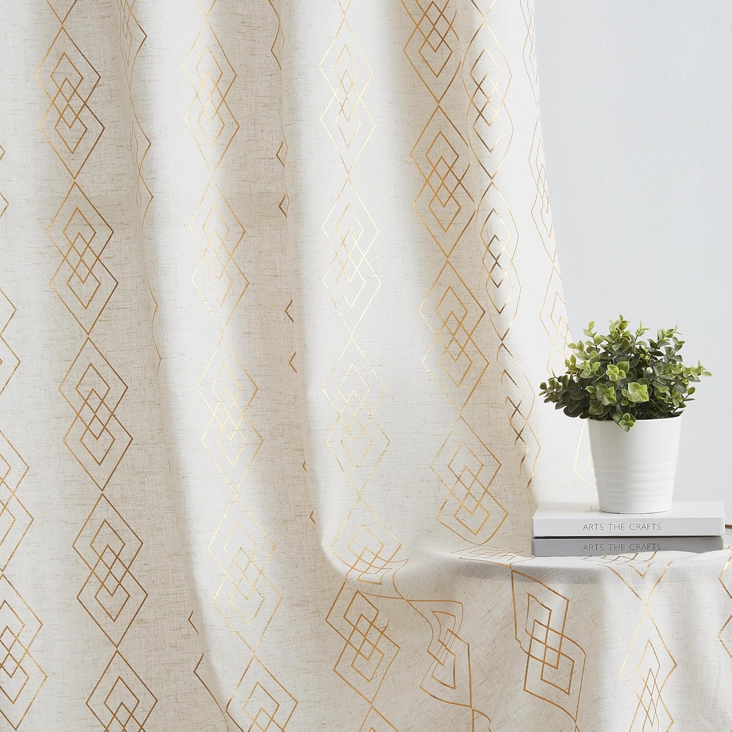 ugoutry Panel texturizado de lino dorado para dormitorio, cortinas bohemias geométricas metálicas para sala de estar, 84 pulgadas de largo, cortinas
