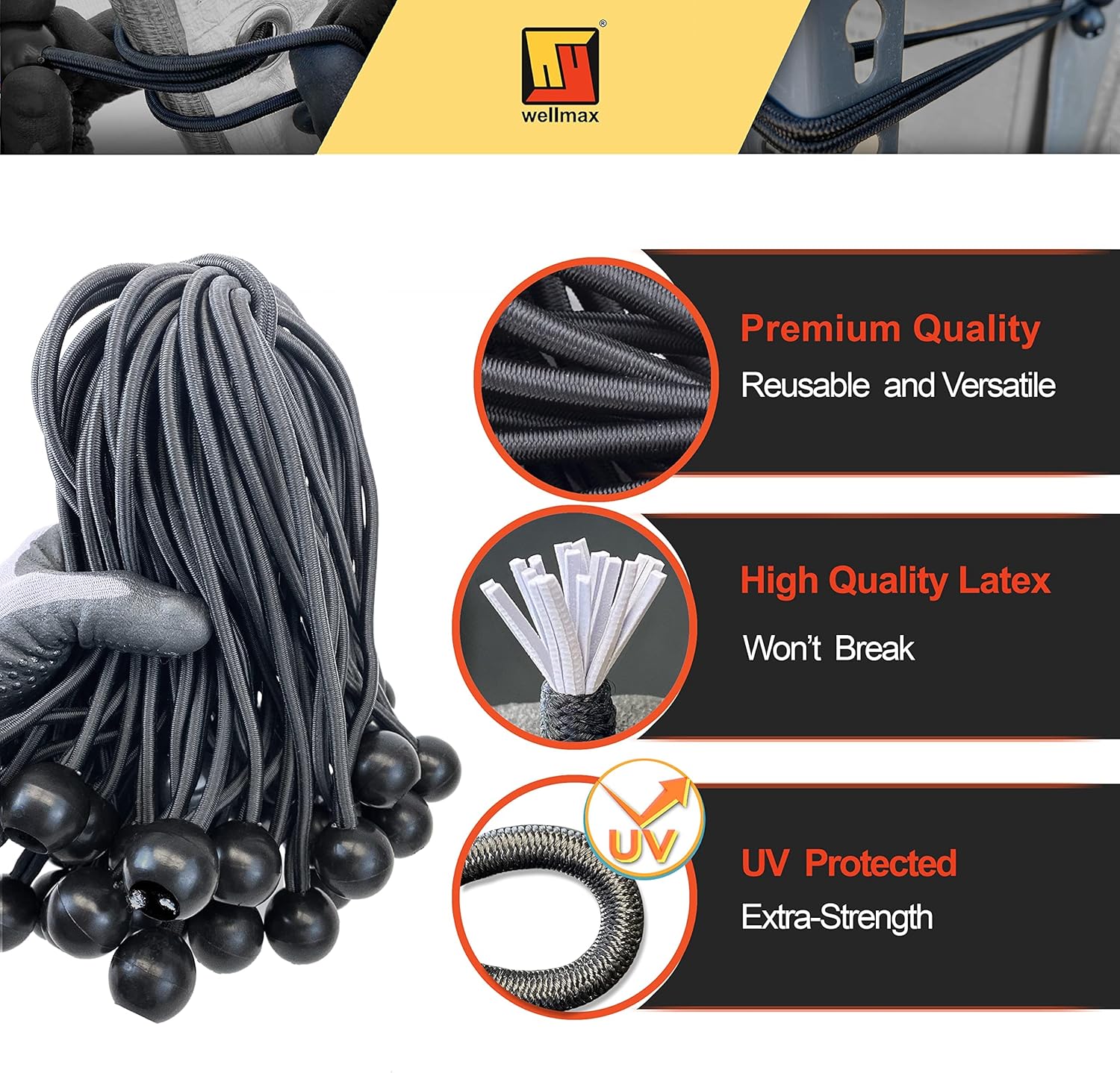 Wellmax – Cuerda elástica para toldo de 9 pulgadas, 50 piezas, resistente de 0.197 in, color negro