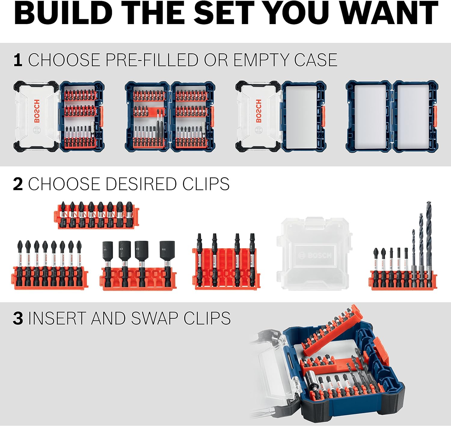BOSCH CCSV108 – Juego surtido de 8 piezas de 1 pulgada (2 unidades) Phillips resistentes al impacto, cuadrado y Torx con clip para sistema de caja