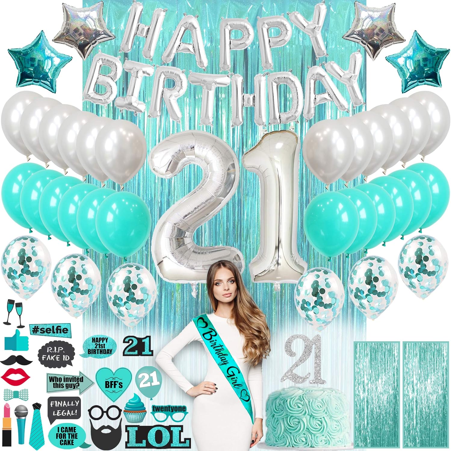 71 piezas de decoración de feliz cumpleaños #21 para ella, regalo de cumpleaños #21 para ella, tiara, banda de cumpleaños #21 para ella, decoración