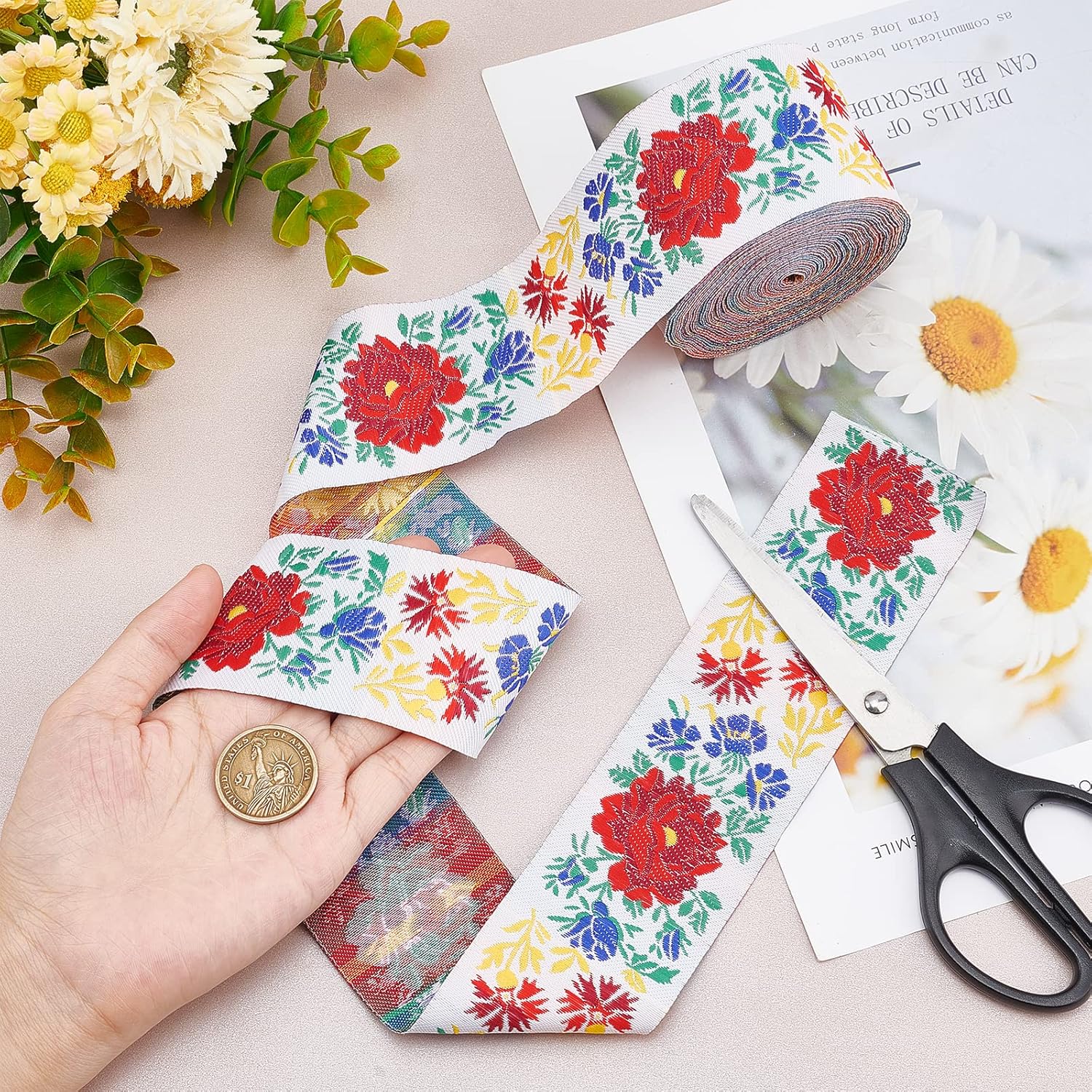 PH PandaHall Cinta de jacquard de 2 pulgadas, 10 yardas de tela vintage con ribete floral con flecos, cinta mexicana bordada para ropa bohemia,