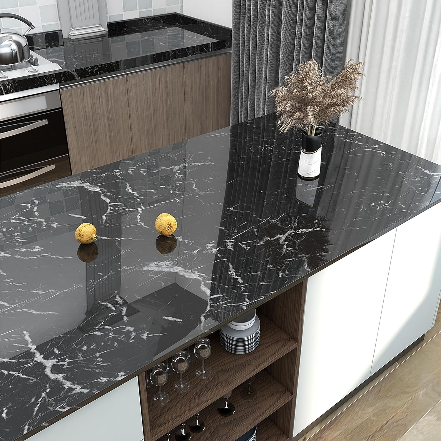 Papel tapiz de mármol negro, papel adhesivo de granito negro, autoadhesivo, extraíble, impermeable, papel de pared de mármol brillante para cocina,