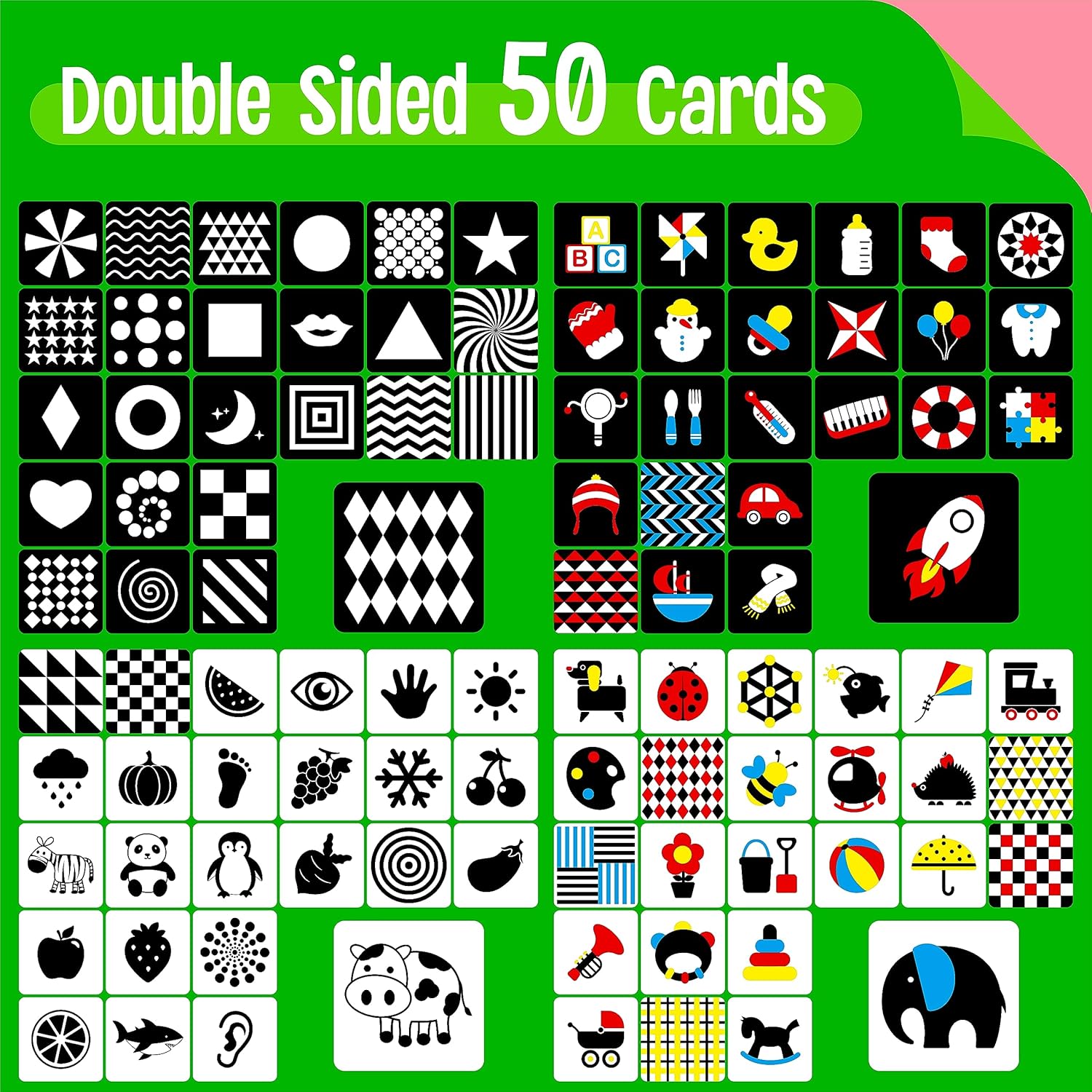 100 páginas, color blanco y negro, tarjeta de estímulo visual para bebé, 50 tarjetas de alto contraste, juguetes sensoriales para regalo de bebé
