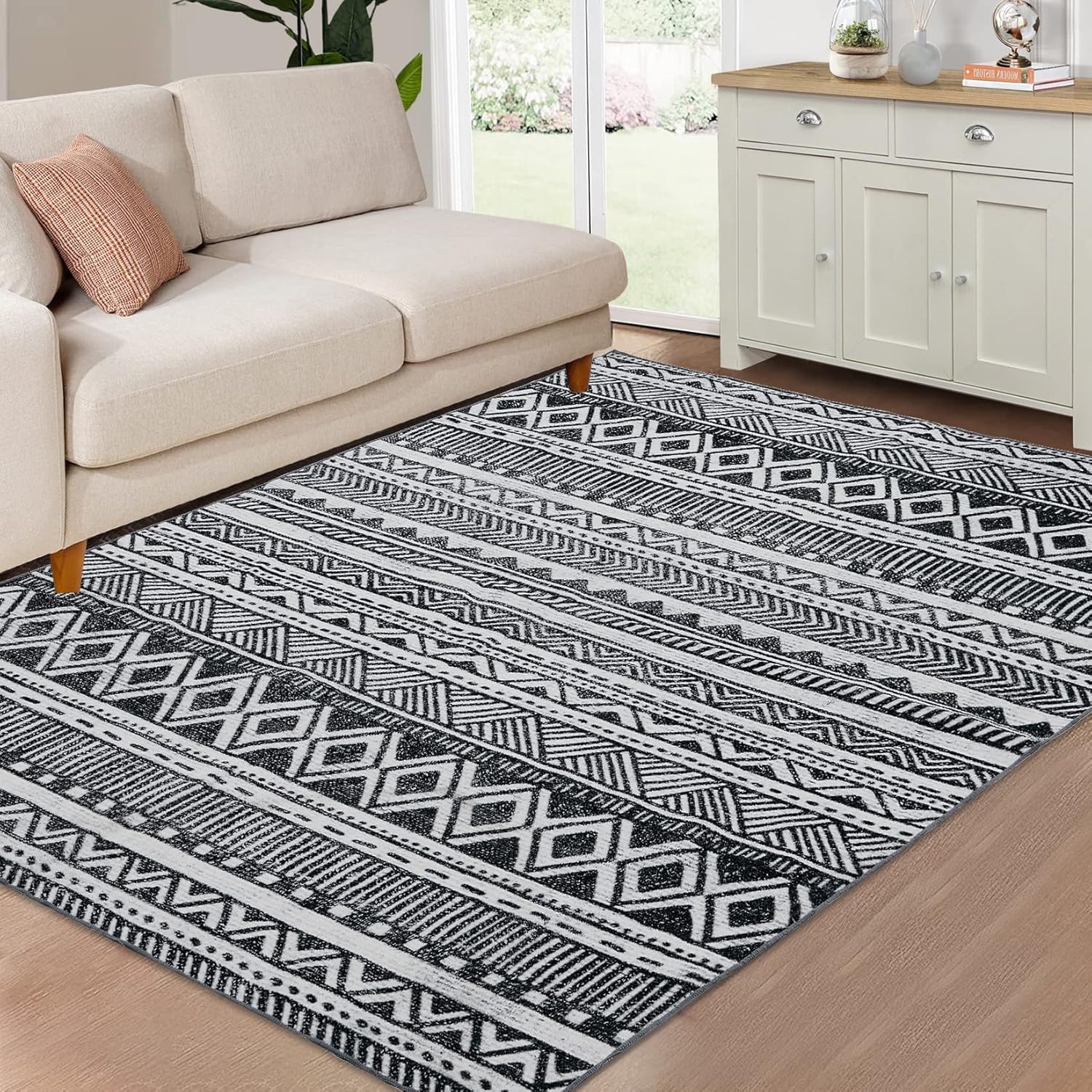 Alfombra bohemia de 5 x 7 pies, lavable a máquina, moderna, de diamante, envejecida, plegable, para mesa de café, decoración de mesa de comedor,