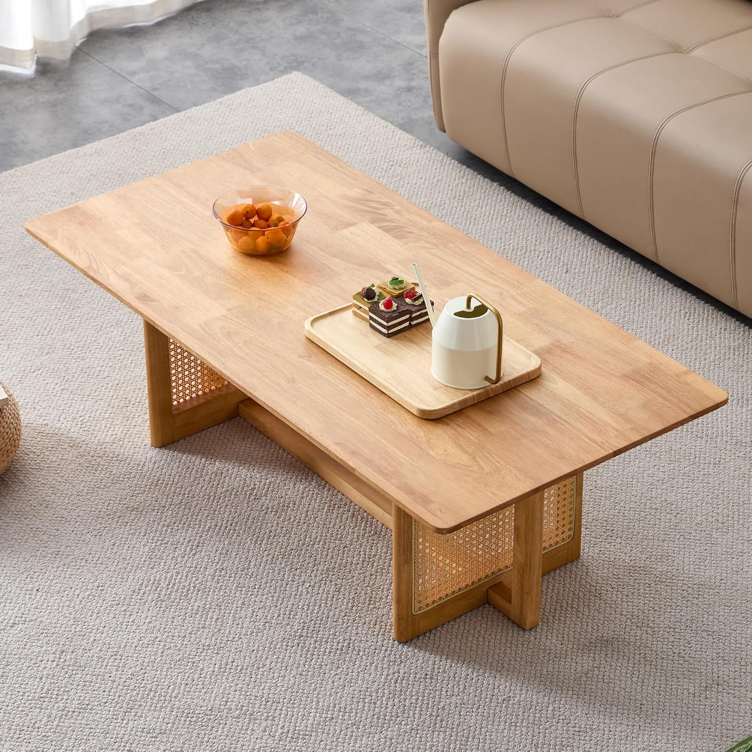 Mesa de centro de madera moderna de mediados de siglo con soporte de ratán de polietileno, mesa de café rectangular de madera maciza de 47 pulgadas,