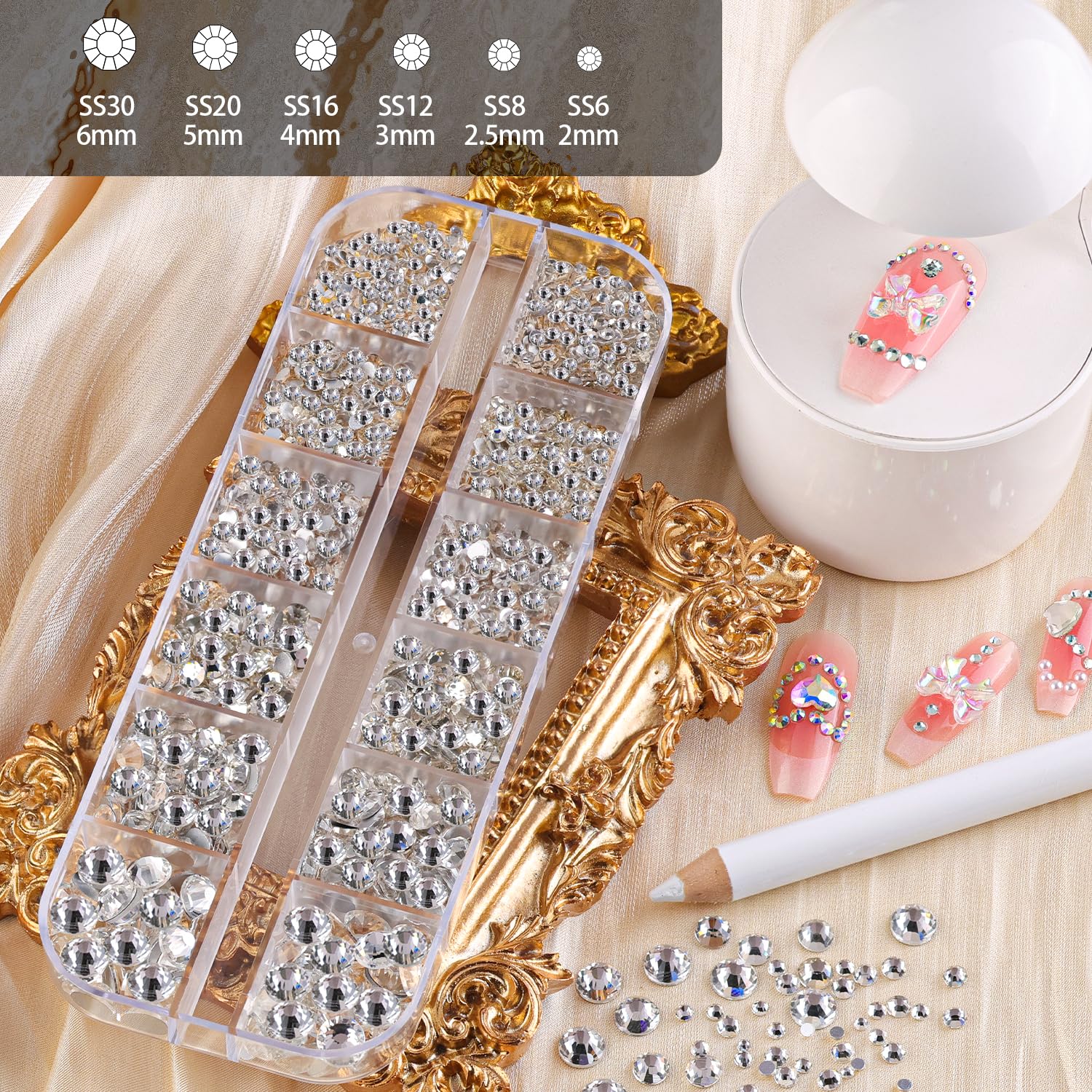 Diamantes de imitación para uñas, gema de manicura, piedras preciosas transparentes de vidrio transparente con parte trasera plana de 0.18 a 0.18