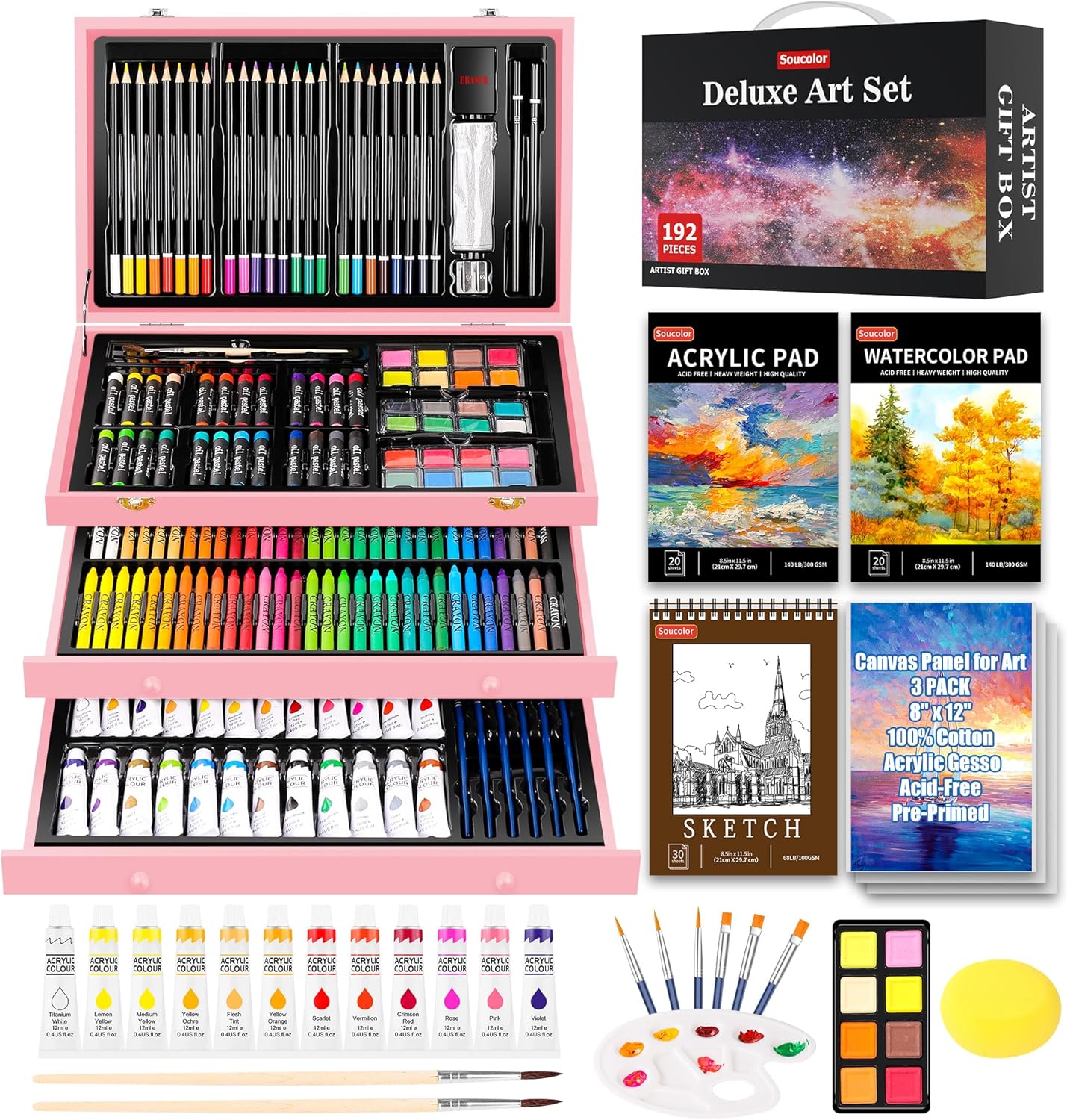 Soucolor Suministros de arte, paquete de 192 piezas de arte de lujo, suministros de pintura de dibujo, kit de arte con almohadilla acrílica,