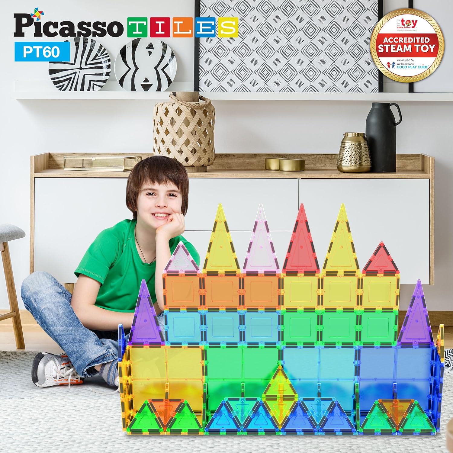 PicassoTiles Paquete de 70 piezas de pista de carreras de canicas + 60 azulejos magnéticos, divertido y creativo, juguete sensorial educativo y