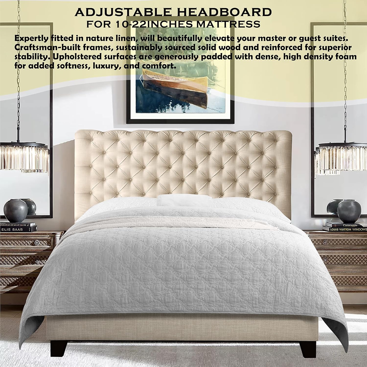 Rosevera Corrine – Base de cama tapizada con cabecero acolchado con botones, cabecera ajustable, cabecera enrollada, soporte de listones de madera,
