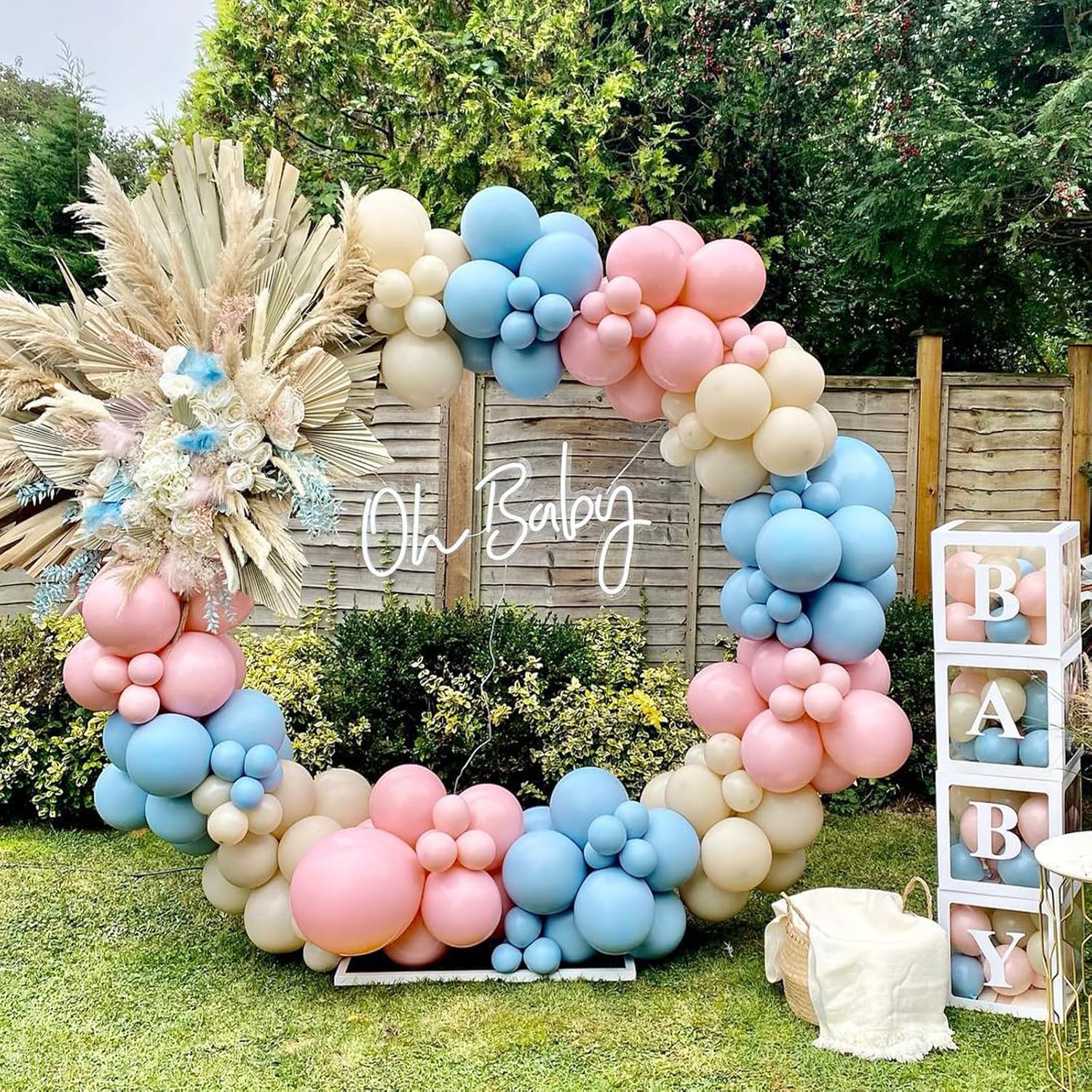 Decoraciones de revelación de género para baby shower, kit de arco de 176 globos rosas y azules, caja de bebé con letras para decoración de