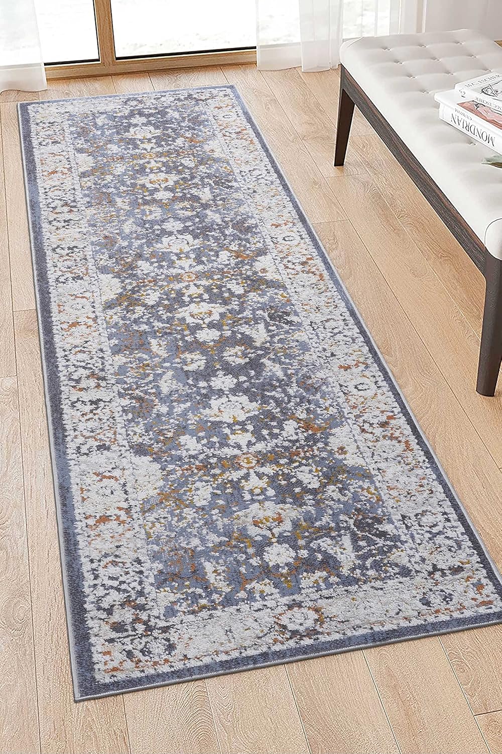 NAAR Colección PAYAS – Alfombra elegante y resistente a las manchas de 8 x 10 pies, color azul tradicional que no desprende pelusa, para sala de