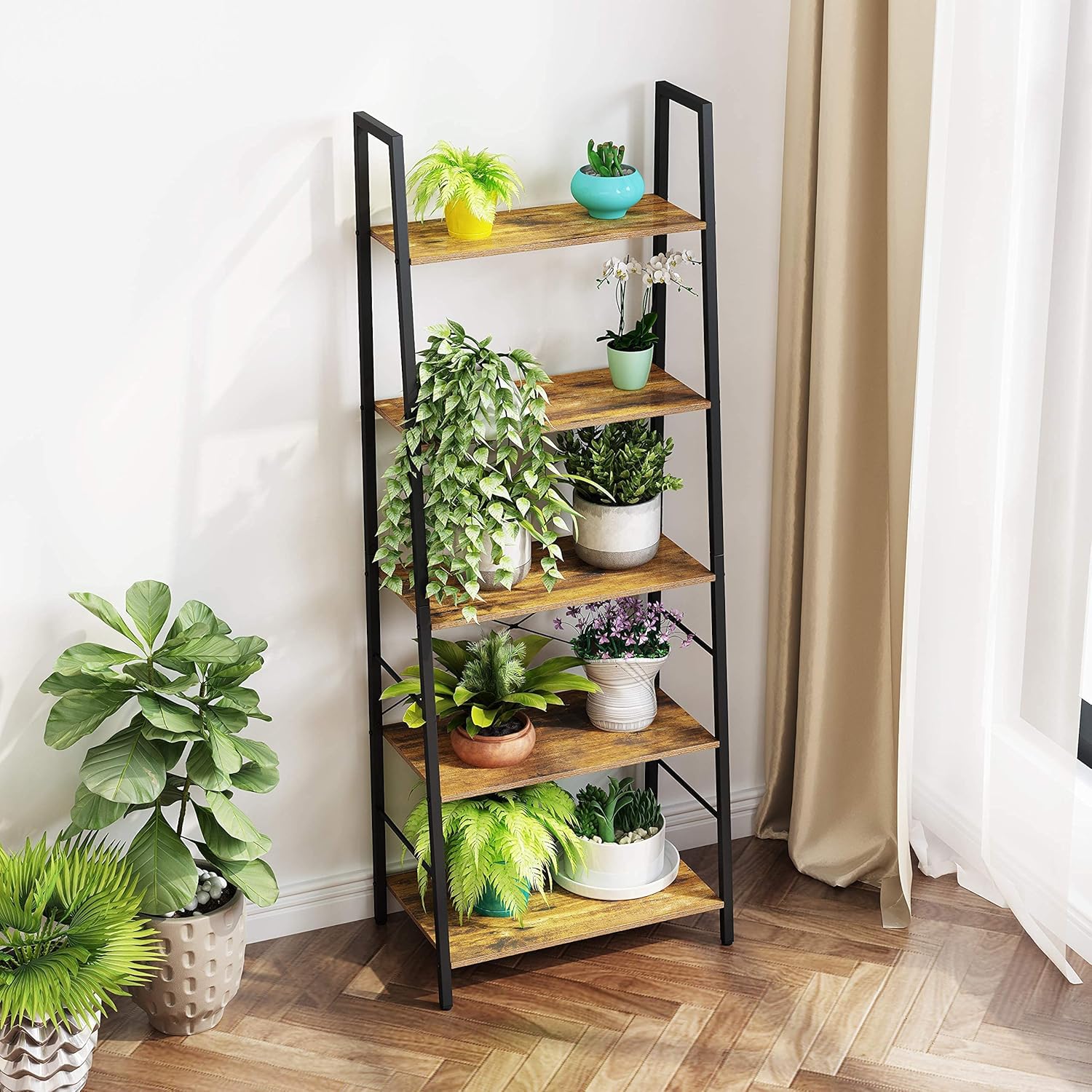 Gadroad Estantería de escalera, estantería industrial de 5 niveles, estante de escalera independiente, estantes organizadores para plantas y flores,