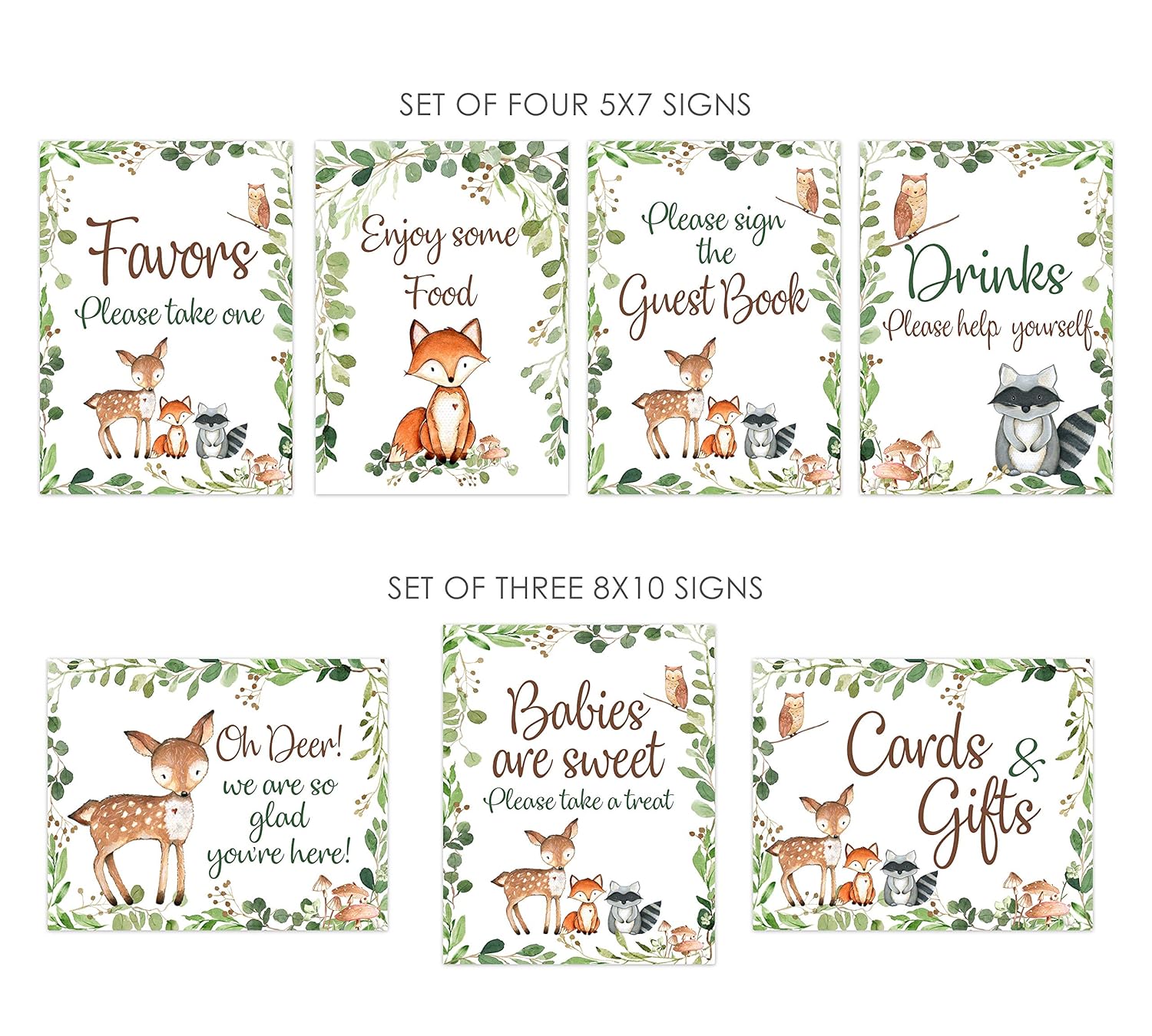 Set of 7 Woodland Baby shower signs, 5×7 and 8×10, woodland food, drinks, favors, welcome and guest book signs