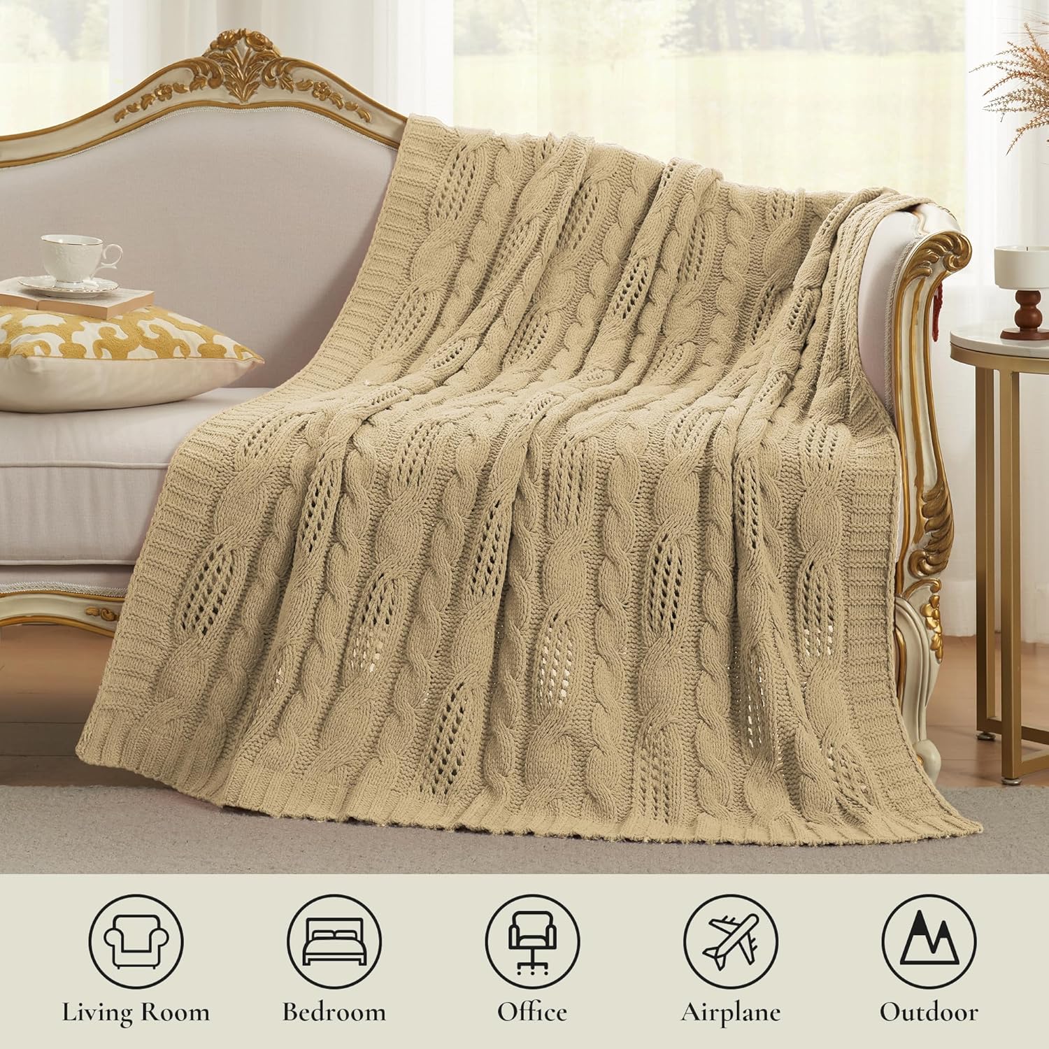 Amélie Home Manta de felpilla de punto grueso, transpirable, de punto trenzado, para sofá, silla, cama, color beige, 50 x 60 pulgadas