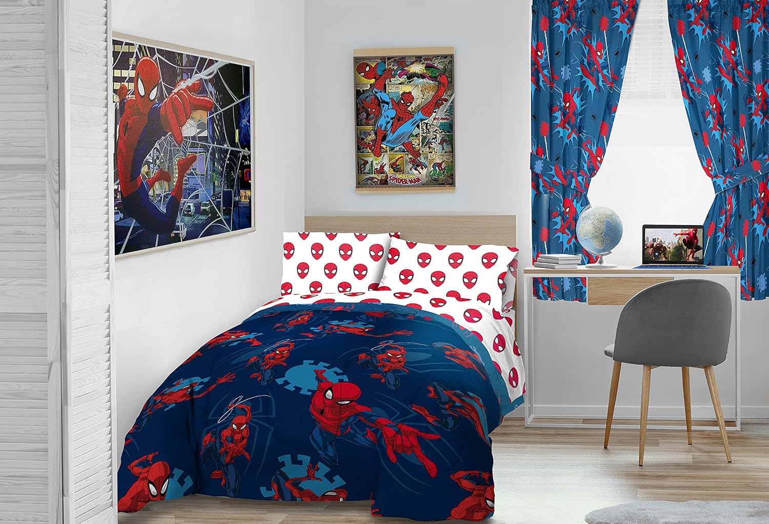 Jay Franco, Marvel Spiderman Spidey Daze – Juego para habitación 6 piezas juego de cama tamaño twin y cortinas de microfibra supersuave resistente a