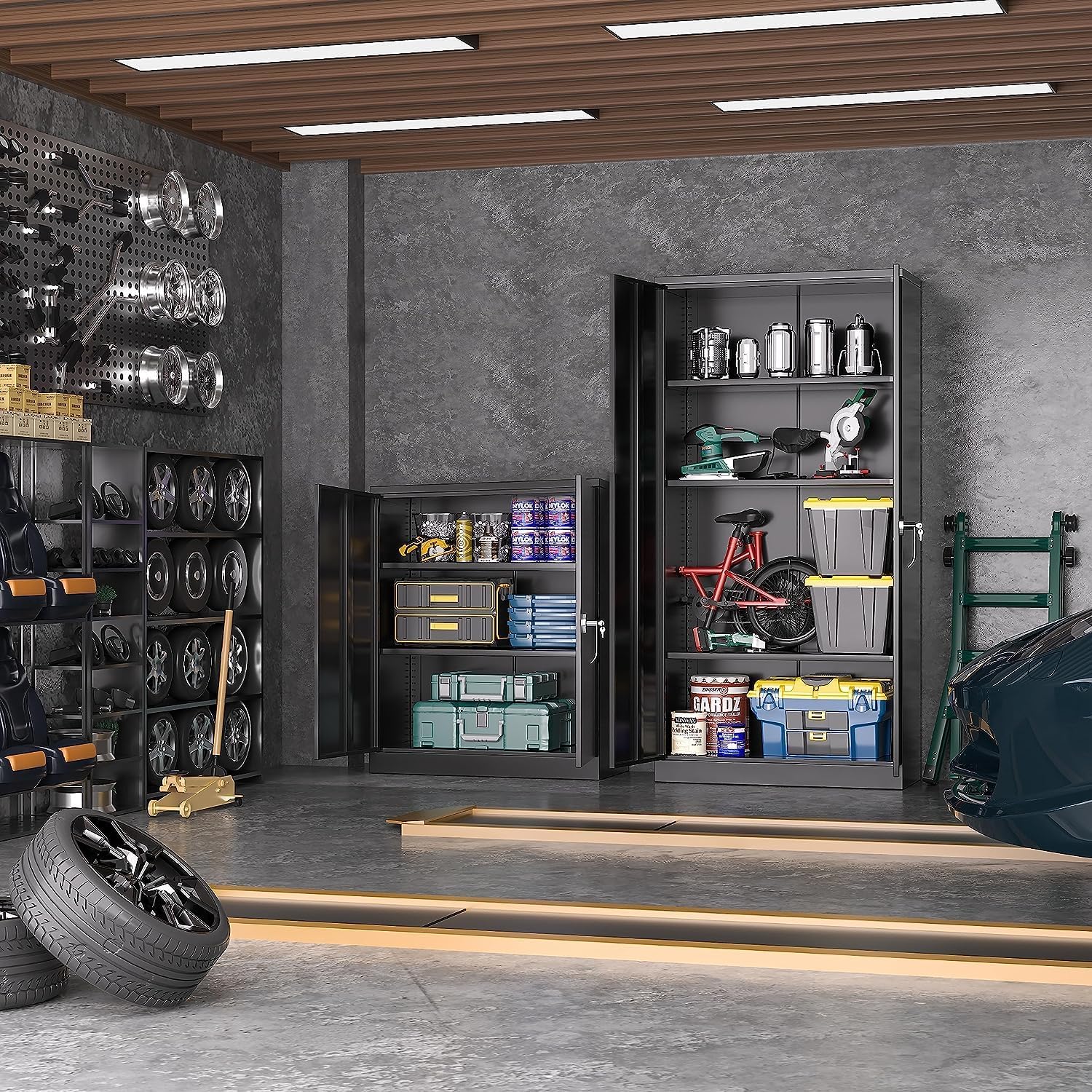 Greenvelly Armario de metal para garaje, armario de almacenamiento de metal con bloqueo de 36 pulgadas de alto con 2 puertas y estantes ajustables,