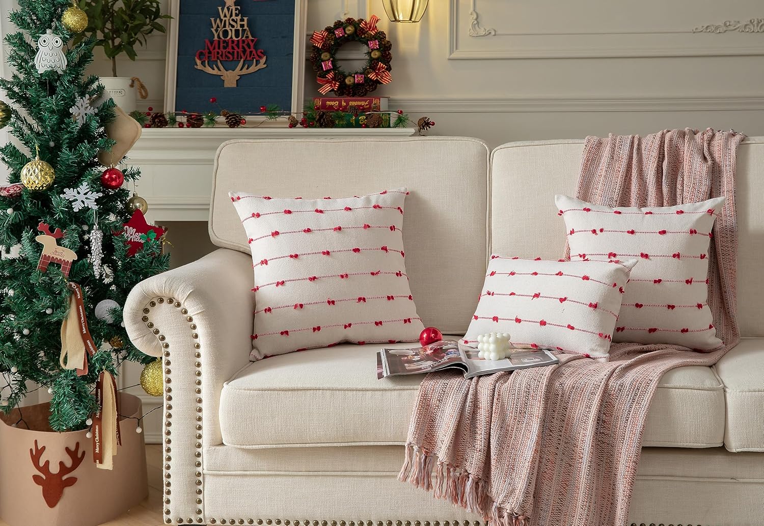 Juego de 2 fundas de almohada bohemias de Navidad de 18 x 18 pulgadas, color beige y rojo, fundas decorativas modernas de estilo rústico para sofá,