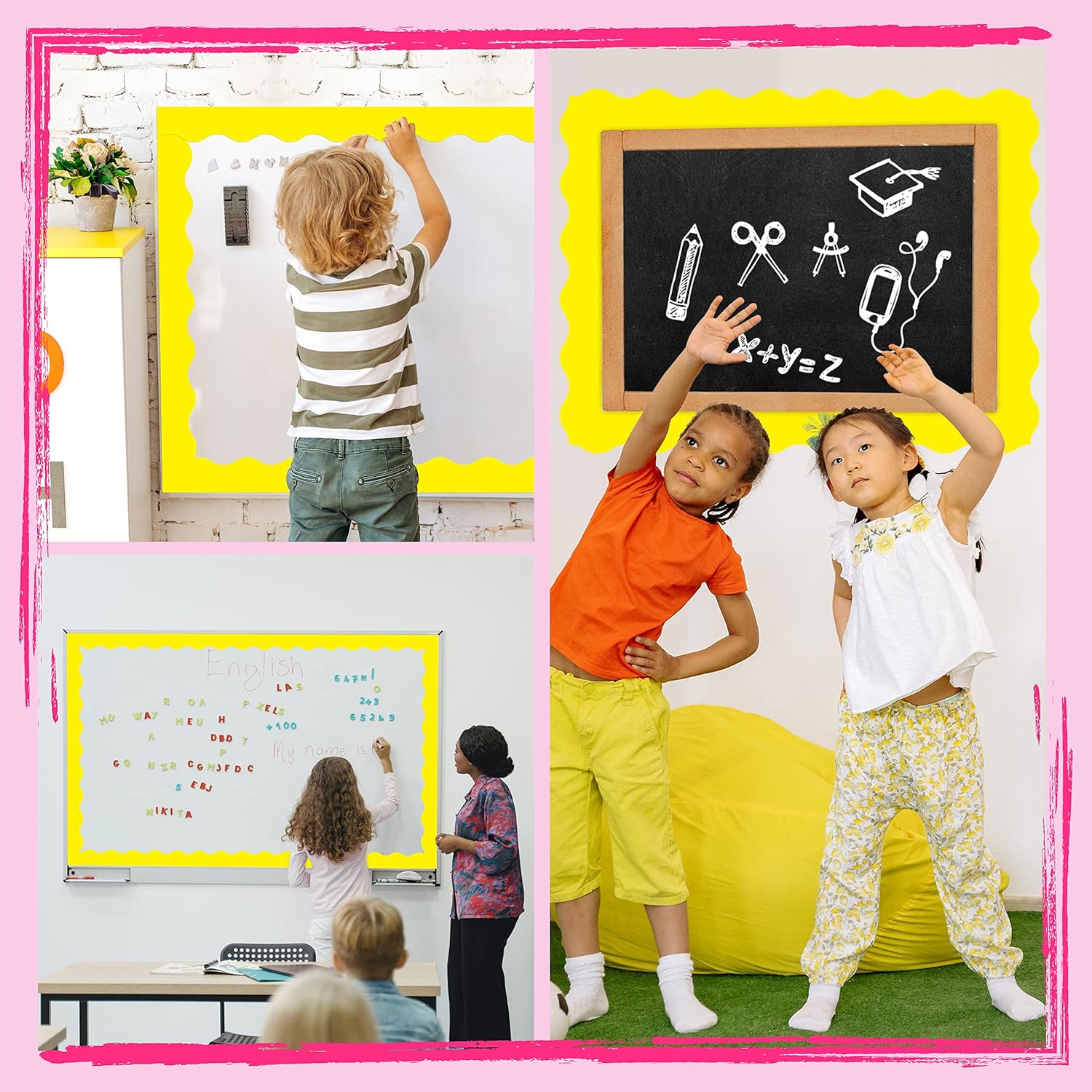 Bordes de tablón de anuncios de 60 pies, borde ondulado amarillo puro con diseño de línea ondulada para la escuela, el aula y las oficinas