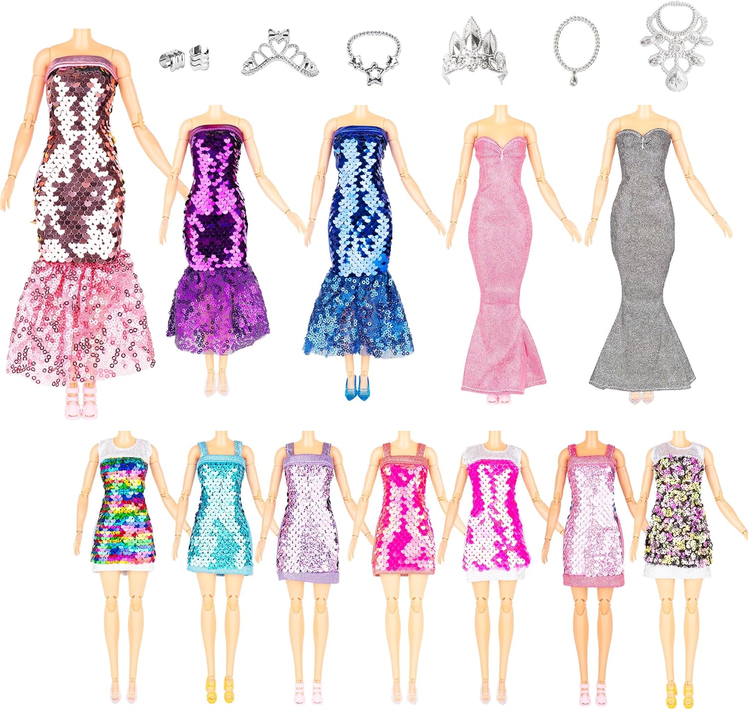 Ropa y accesorios de muñeca de sirena con lentejuelas y brillantina, 12 vestidos de fiesta con purpurina brillante, 2 adornos de corona diferentes y