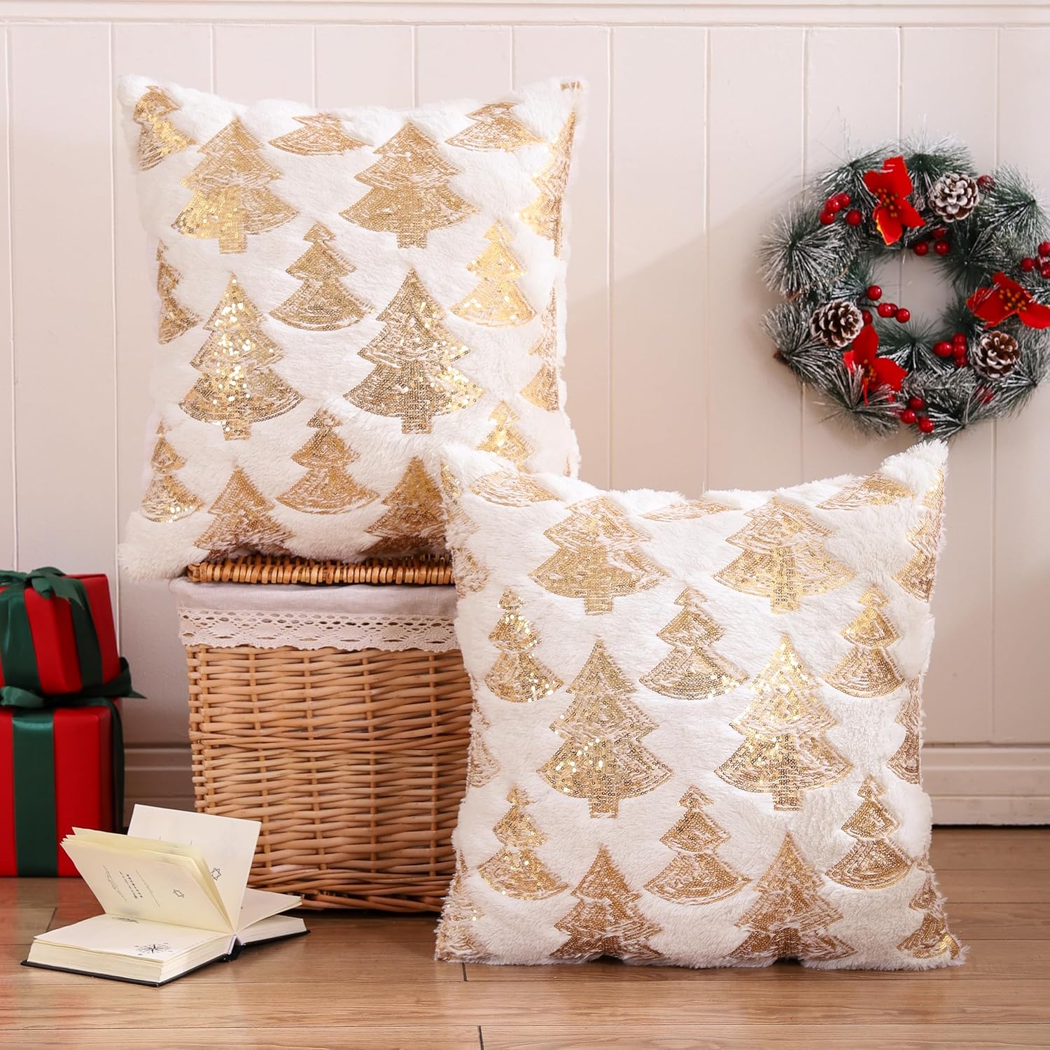 Fundas de almohada de Navidad de 18 x 18 pulgadas, juego de 2 múltiples fundas de almohada de lentejuelas para árbol de Navidad, fundas de almohada