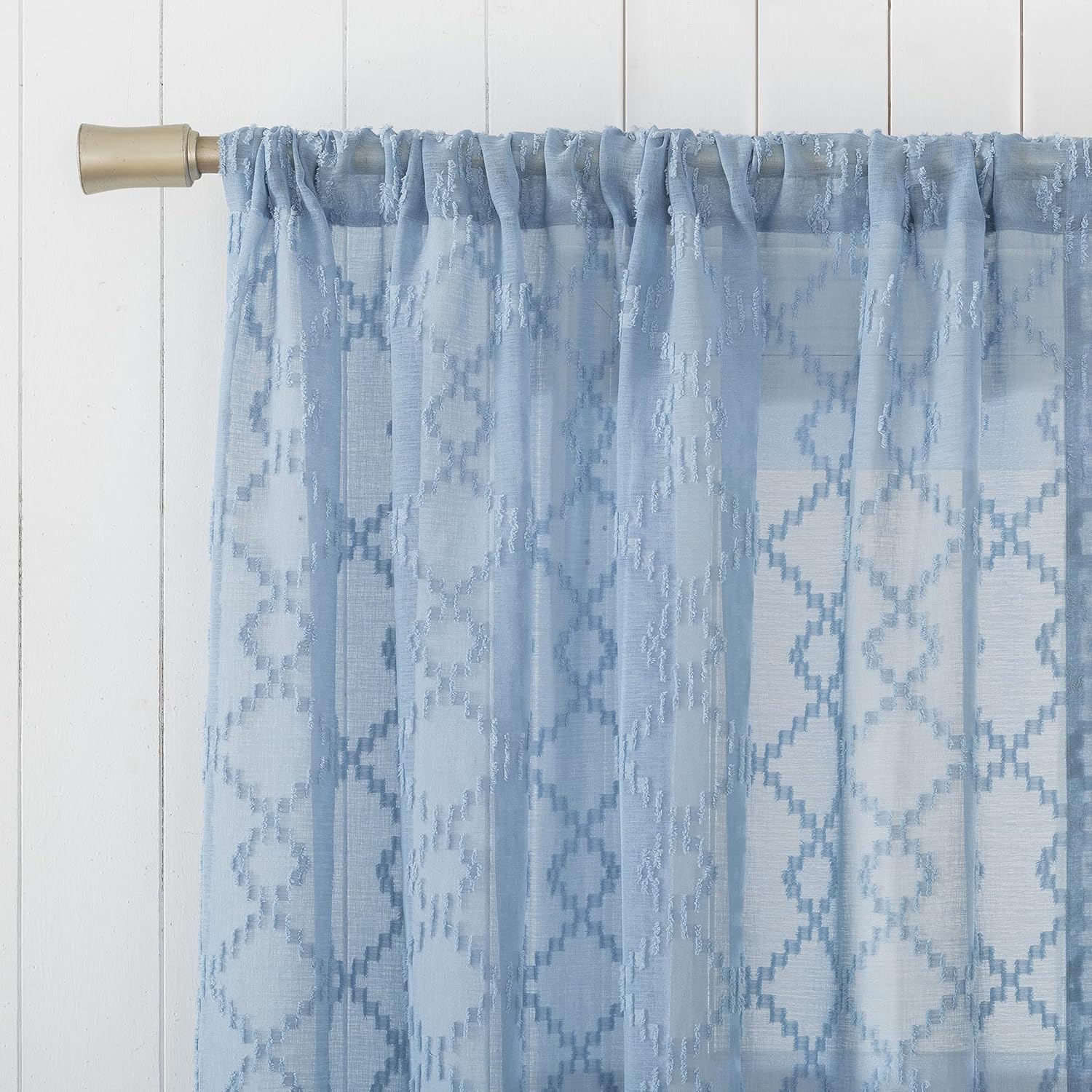 No. 918 Tina – Juego de cenefas y niveles de cortina de cocina semitransparentes con recortes geométricos, 54 x 36 pulgadas, azul tranquilo