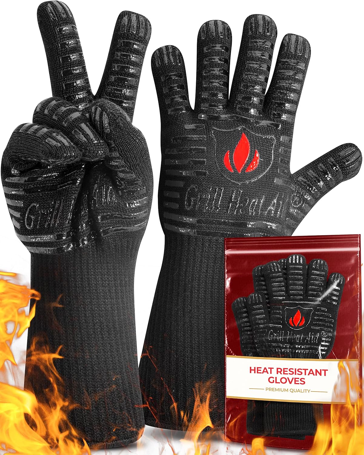 Guantes de barbacoa de puño más largo  1472F guantes resistentes al calor extremo para parrilla, guantes de parrilla a prueba de calor para hombres,