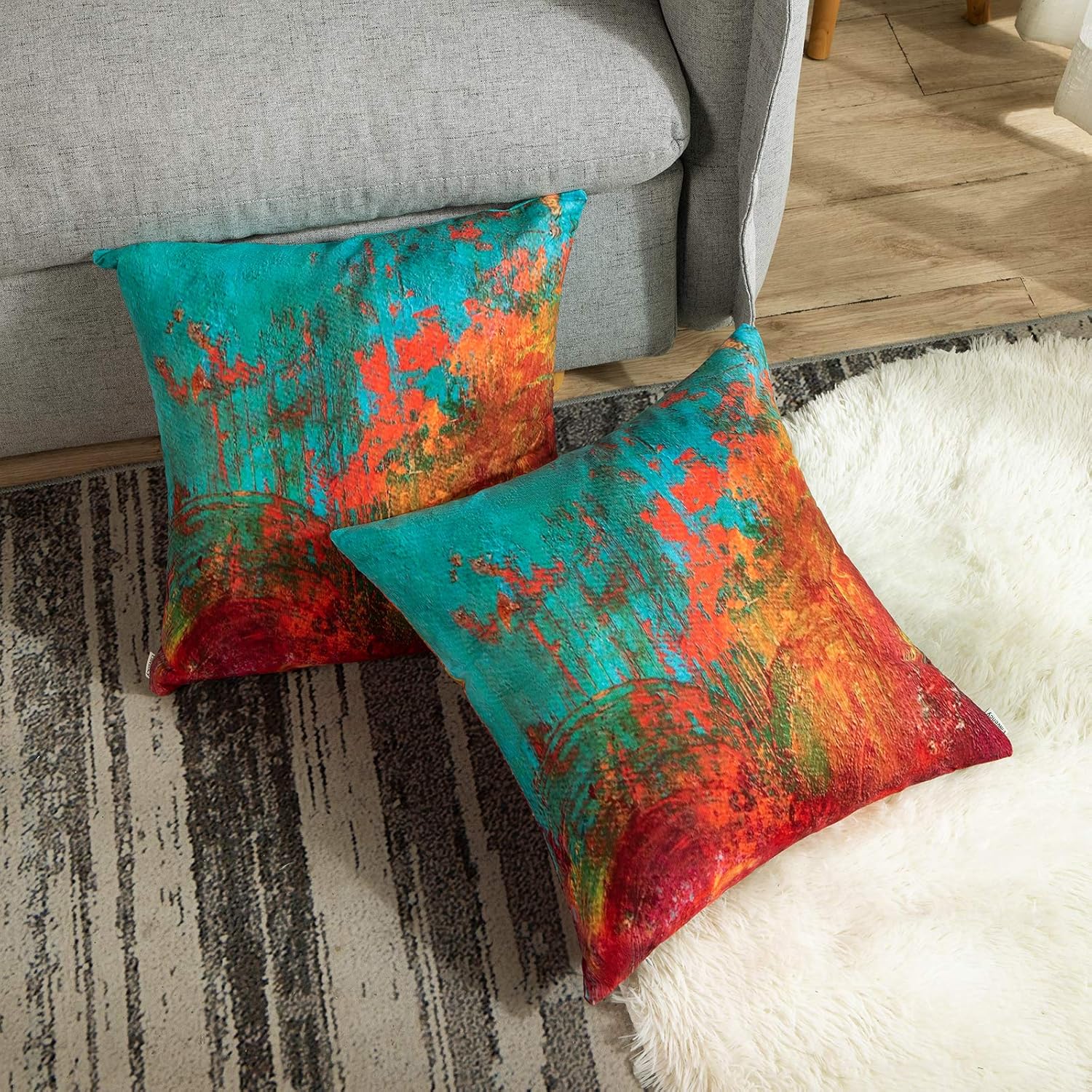 Britimes Juego de 2 fundas de almohada decorativas con pintura al óleo abstracta para dormitorio, sala de estar, sofá, turquesa, naranja quemado