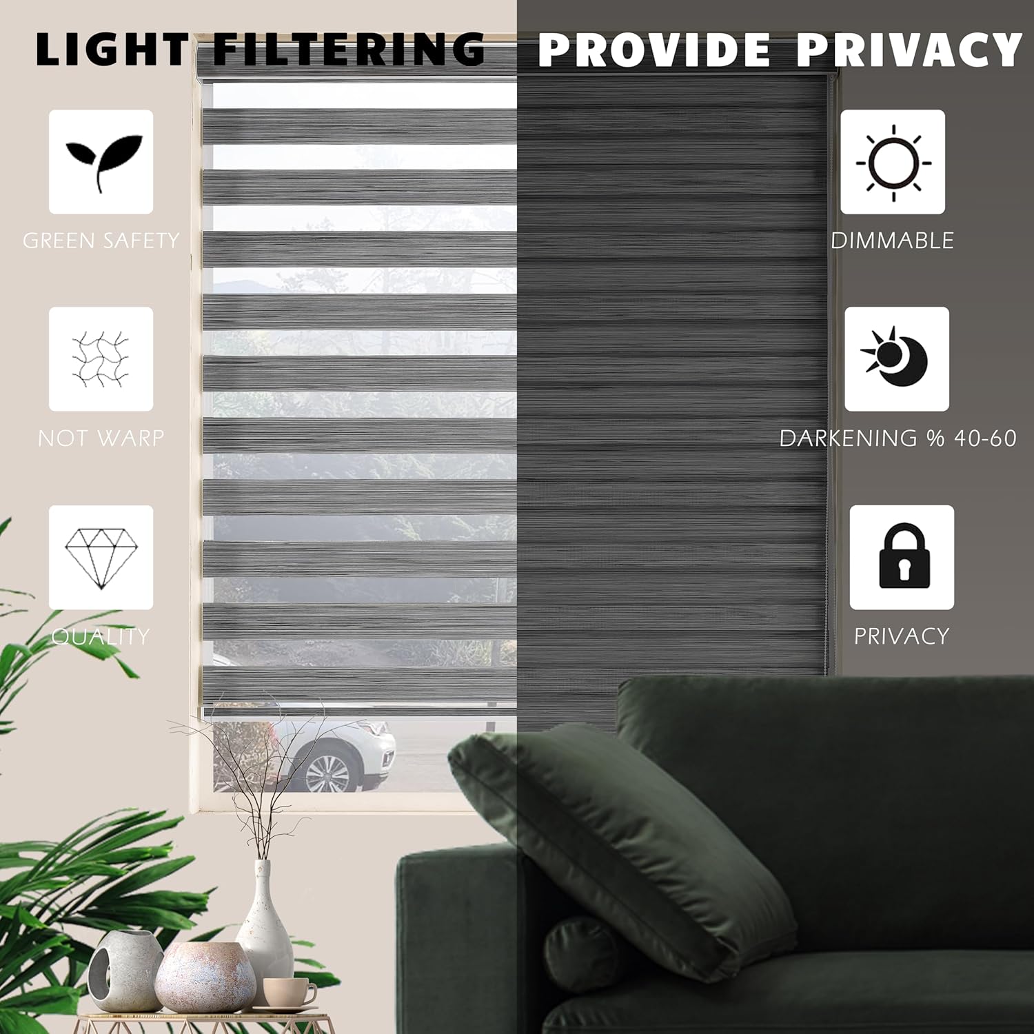 JIANGPIN TEXTILE – Persianas Zebra de doble capa y enrollables, térmicas y para filtrar la luz, para sala de estar y sótano (altura máxima 72