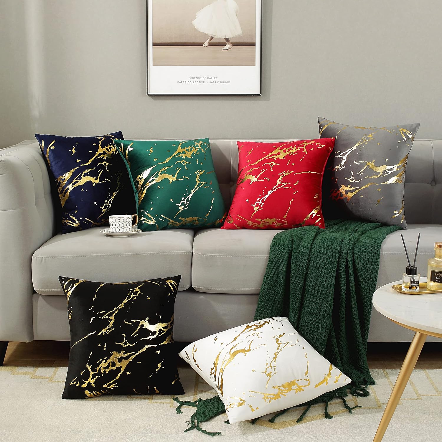 Juego de 2 fundas de cojín suaves de terciopelo con estampado geométrico de mármol y líneas de bronce geométrico para sofá, cama, decoración del