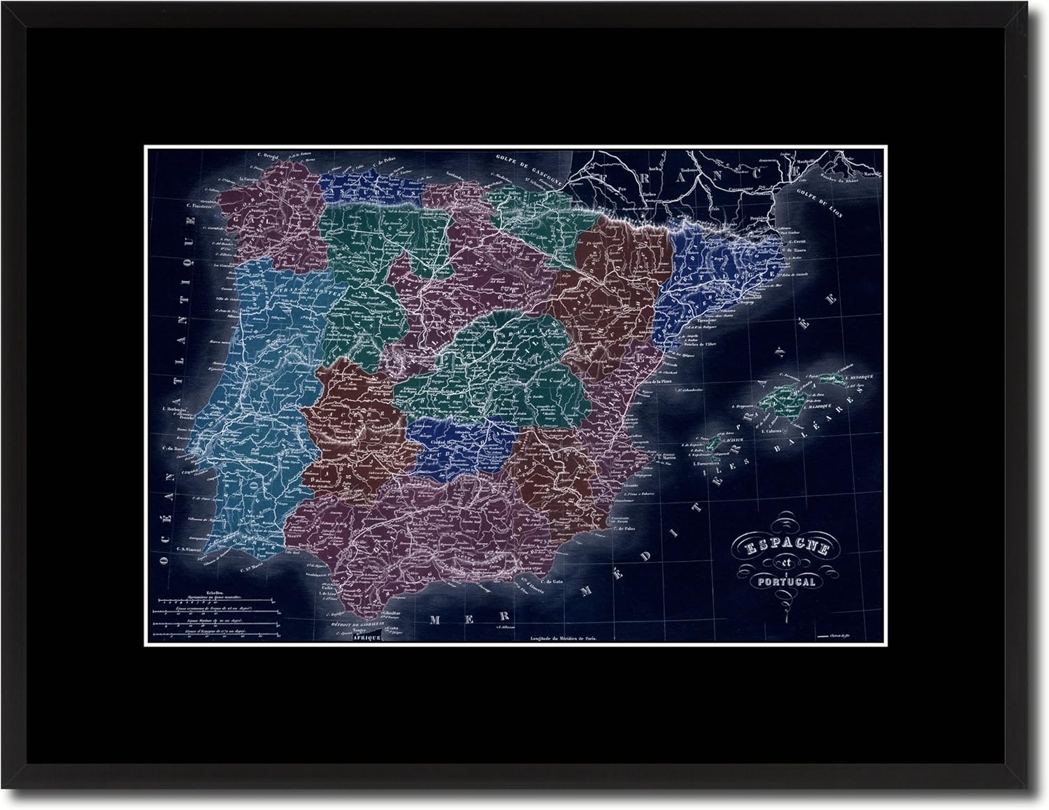 Spain Portugal Old Vivid Color Map 39057 Print on Canvas with Picture Framed Urban Wall Home Décor Interior Bedroom Art Gift Ideas – Black 16″ x 21″