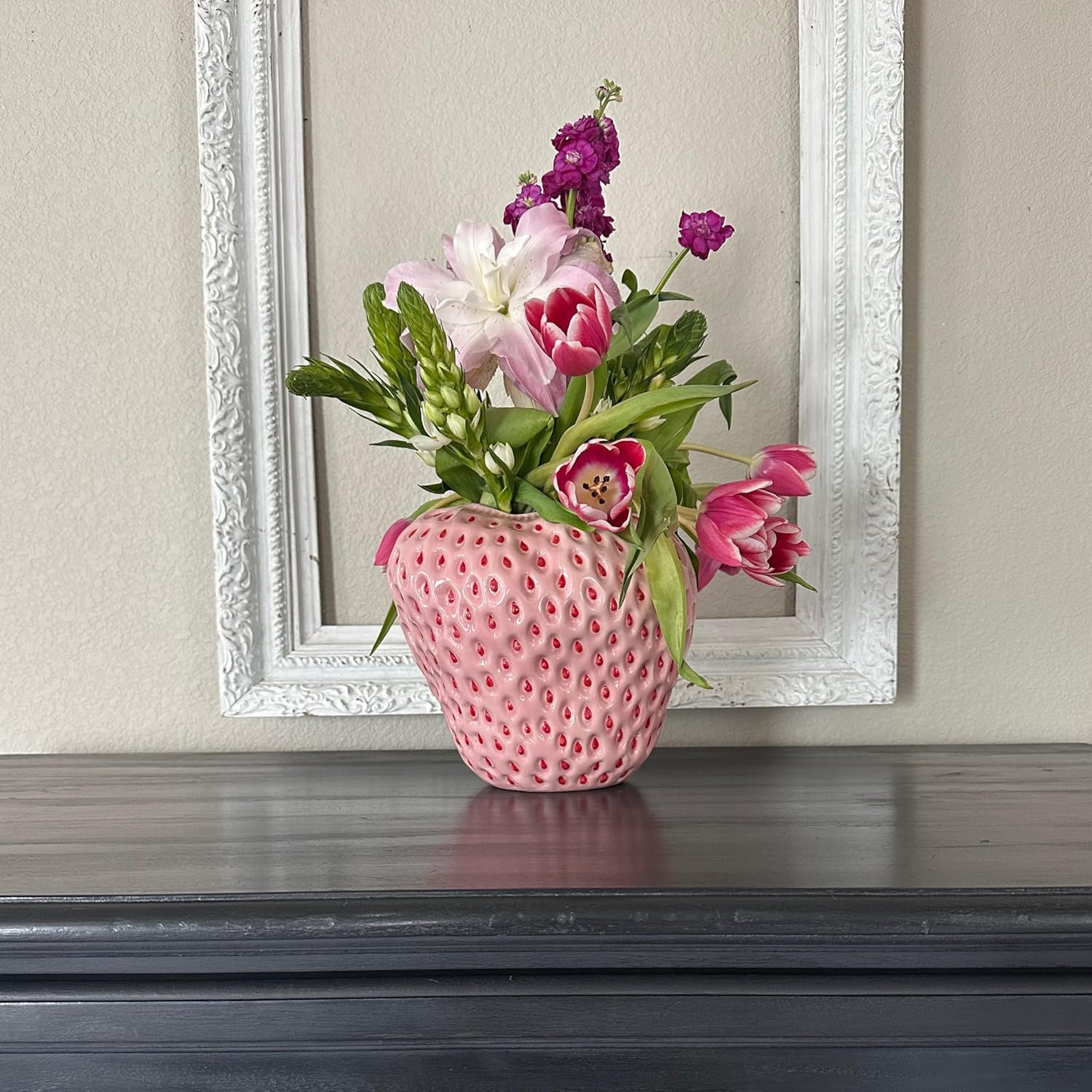 Jarrón de fresa rosa, jarrón único para decoración estética, decoraciones de fresa para cocina, estantería y centro de mesa auxiliar