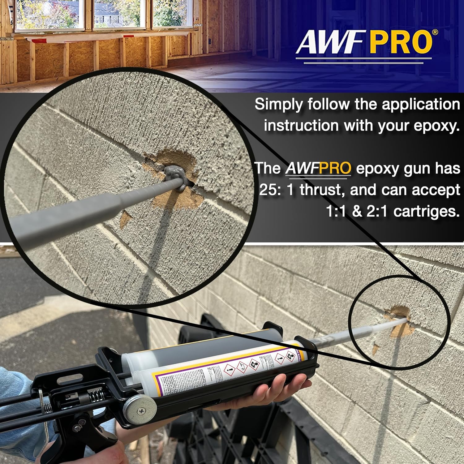 AWF PRO – Pistola epoxi de doble cartucho con agarre de vinilo. 600 mL  22 onzas, relación de empuje 251, acepta cartuchos de mezcla de doble
